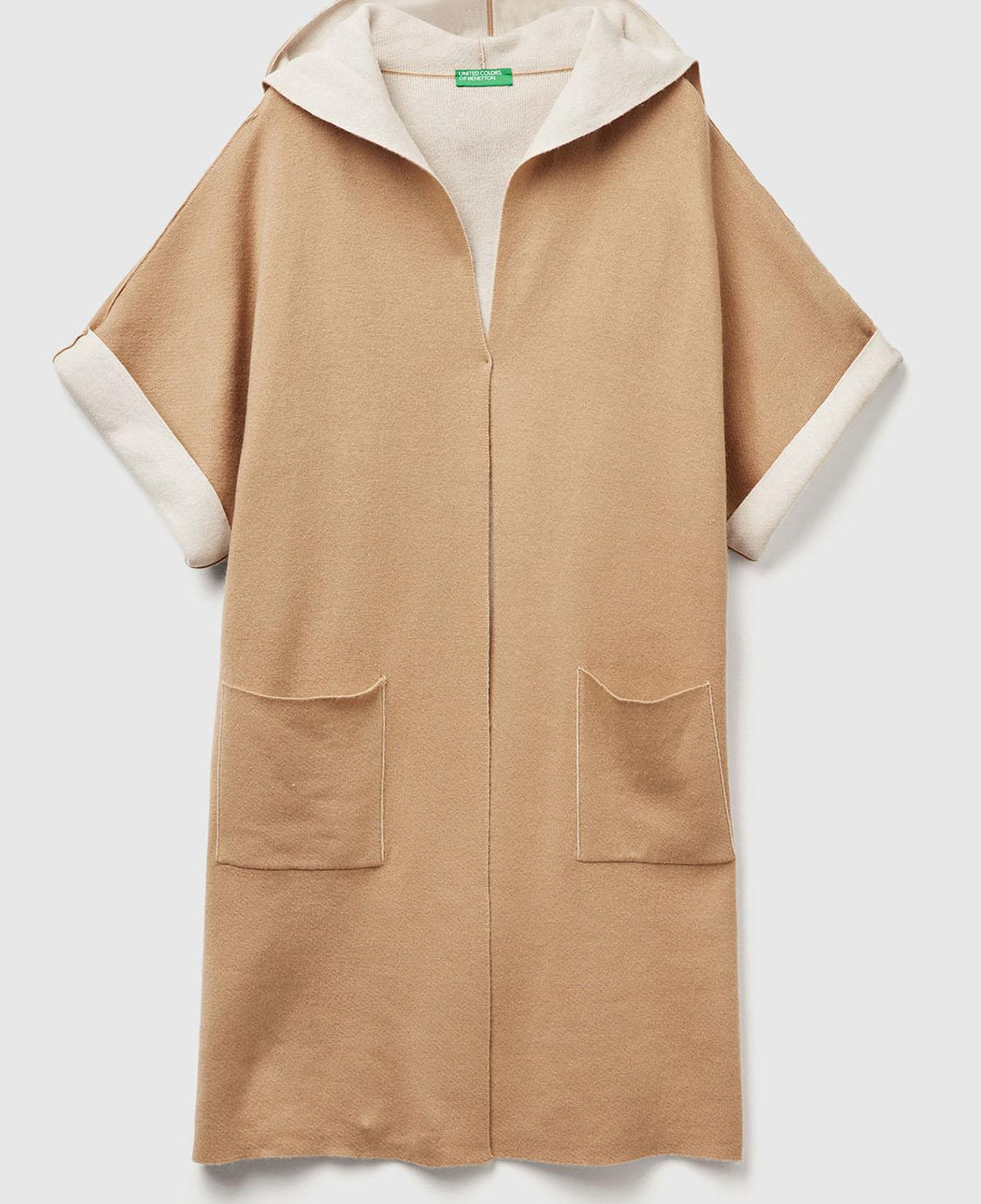 Kadın Kahverengi  Pamuk ve Yün Karışımlı Çift Taraflı Kapüşonlu Kısa Kol Hırka