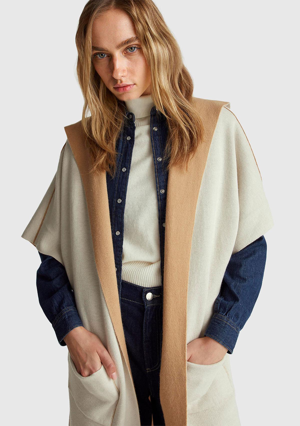 Kadın Kahverengi  Pamuk ve Yün Karışımlı Çift Taraflı Kapüşonlu Kısa Kol Hırka