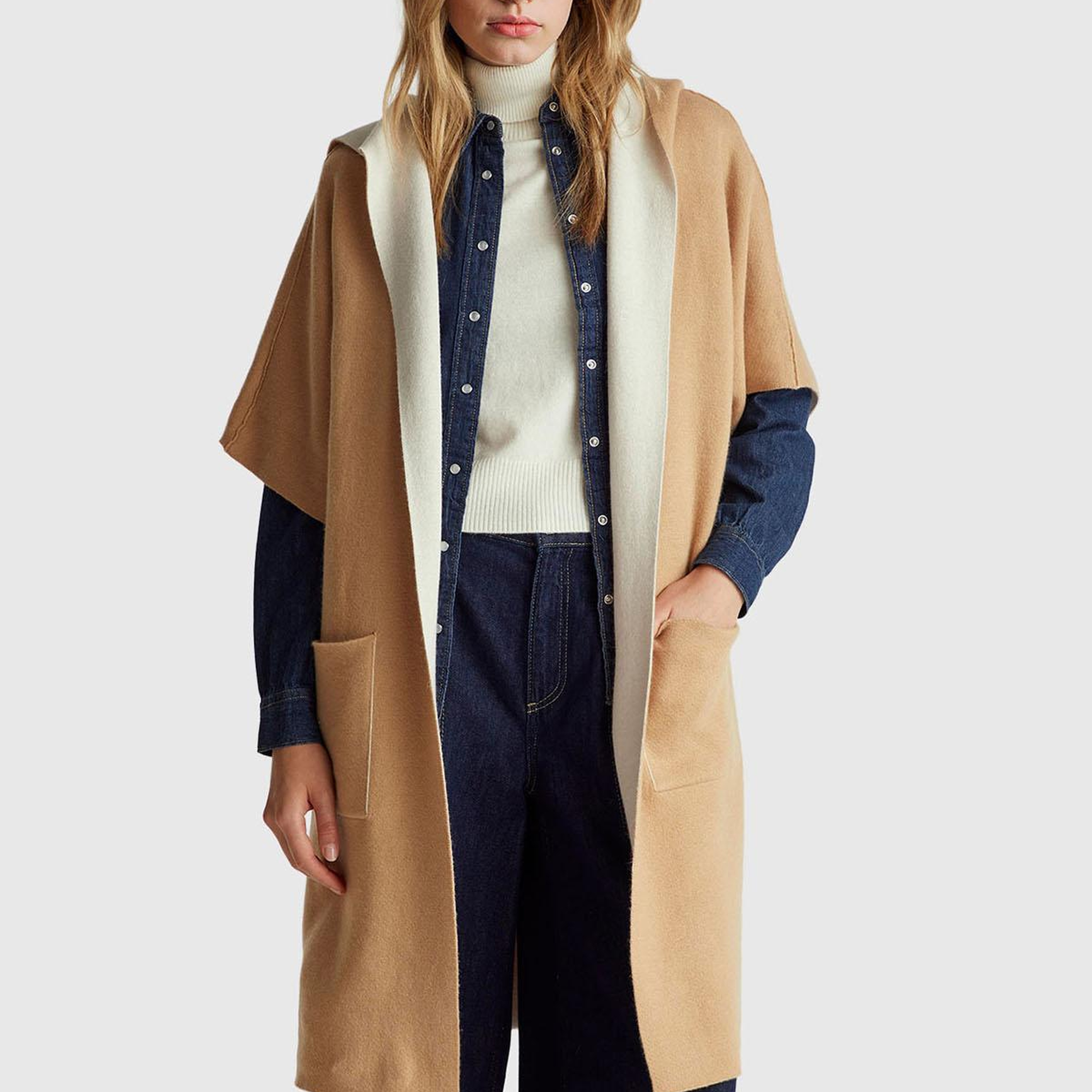 Kadın Kahverengi  Pamuk ve Yün Karışımlı Çift Taraflı Kapüşonlu Kısa Kol Hırka