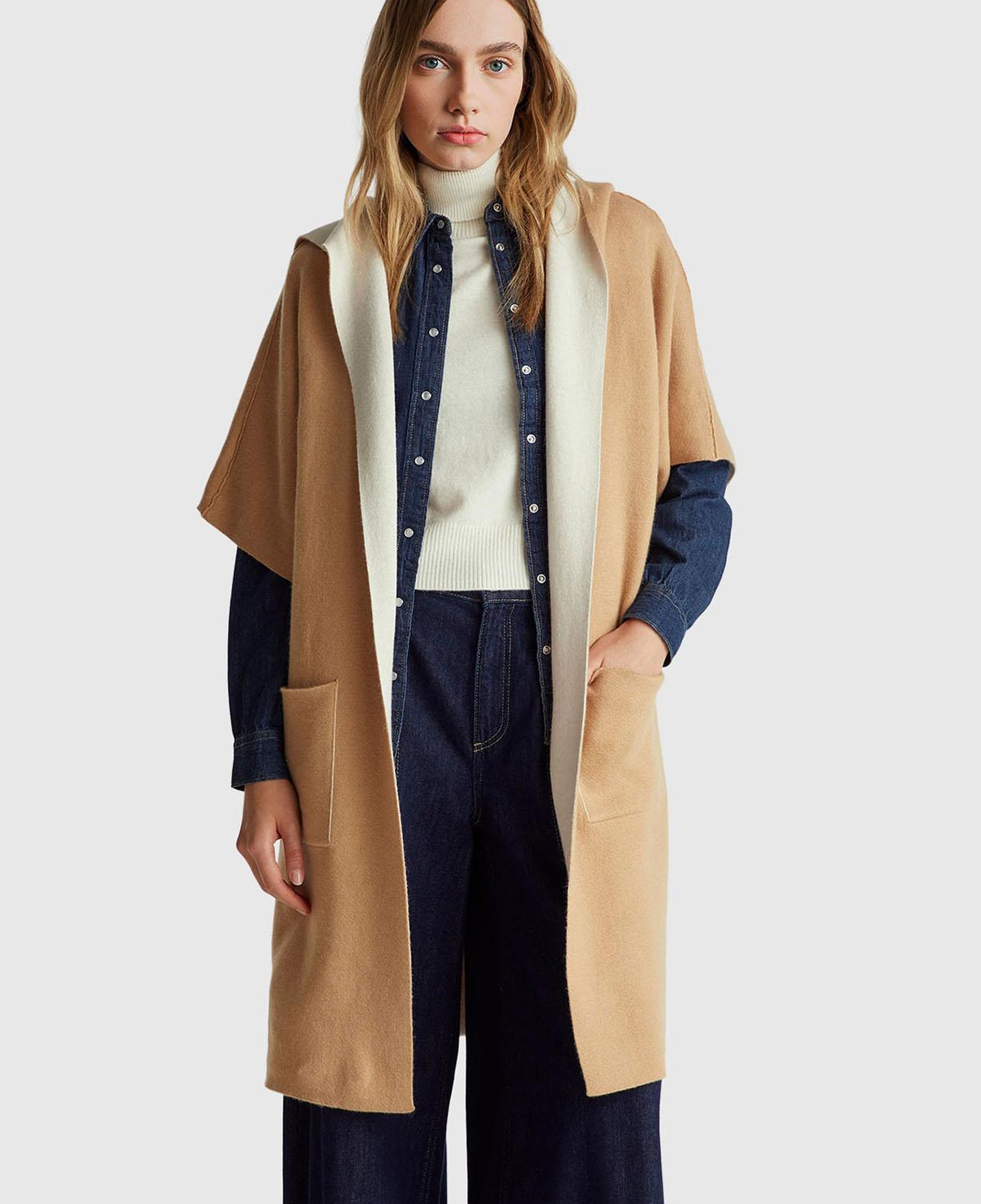 Kadın Kahverengi  Pamuk ve Yün Karışımlı Çift Taraflı Kapüşonlu Kısa Kol Hırka