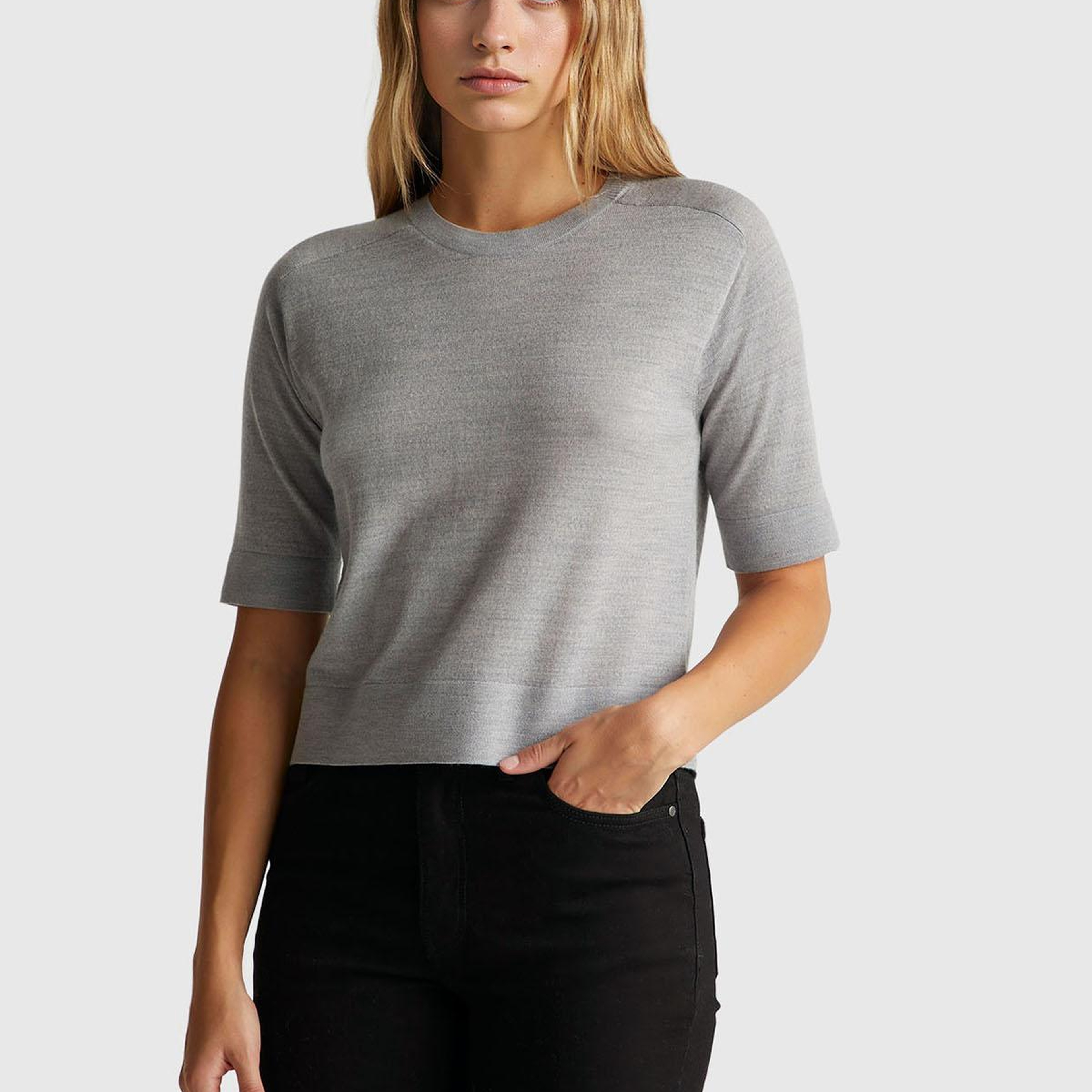 Kadın Gri Melanj %100 Yün Bisiklet Yaka Kısa Kollu Kazak