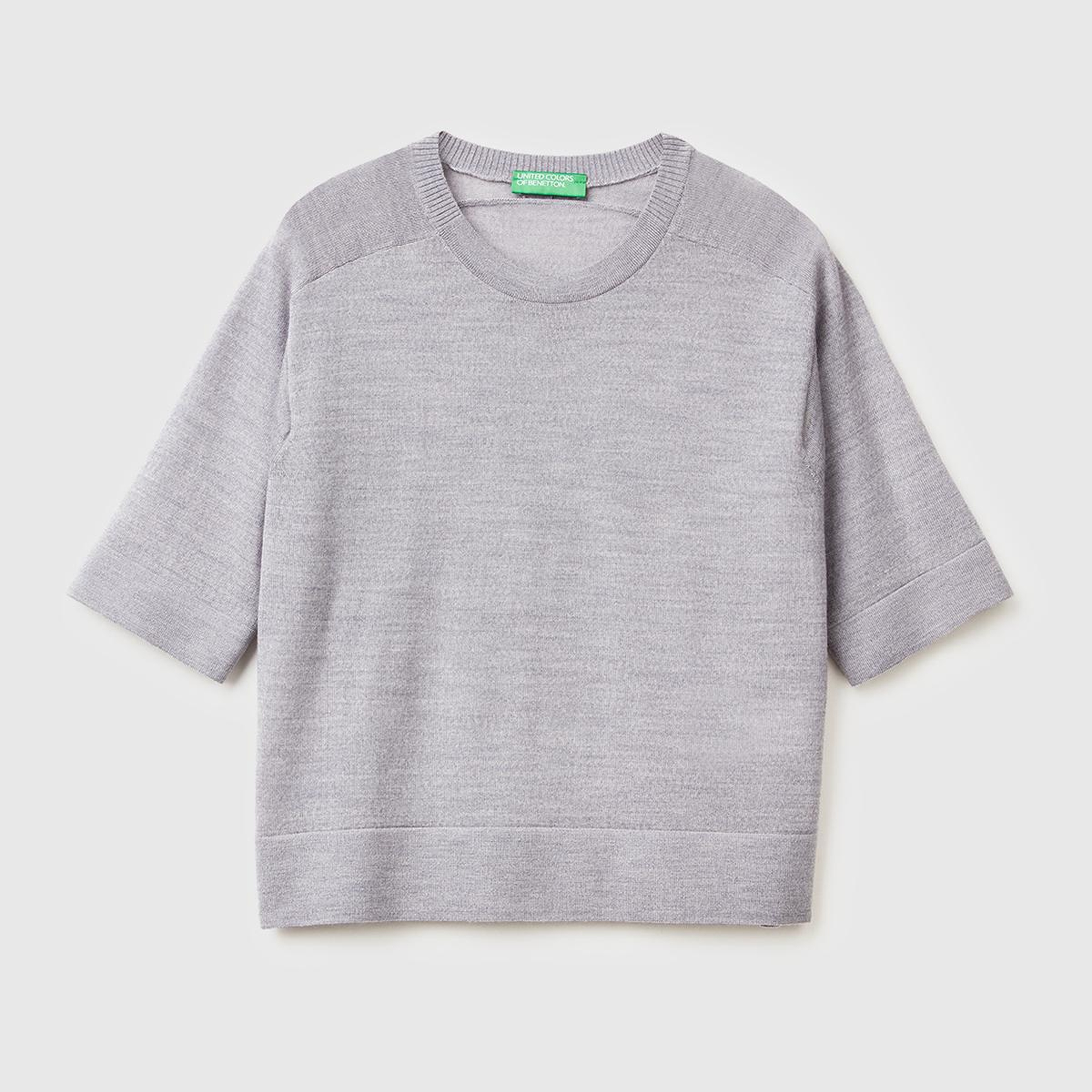 Kadın Gri Melanj %100 Yün Bisiklet Yaka Kısa Kollu Kazak