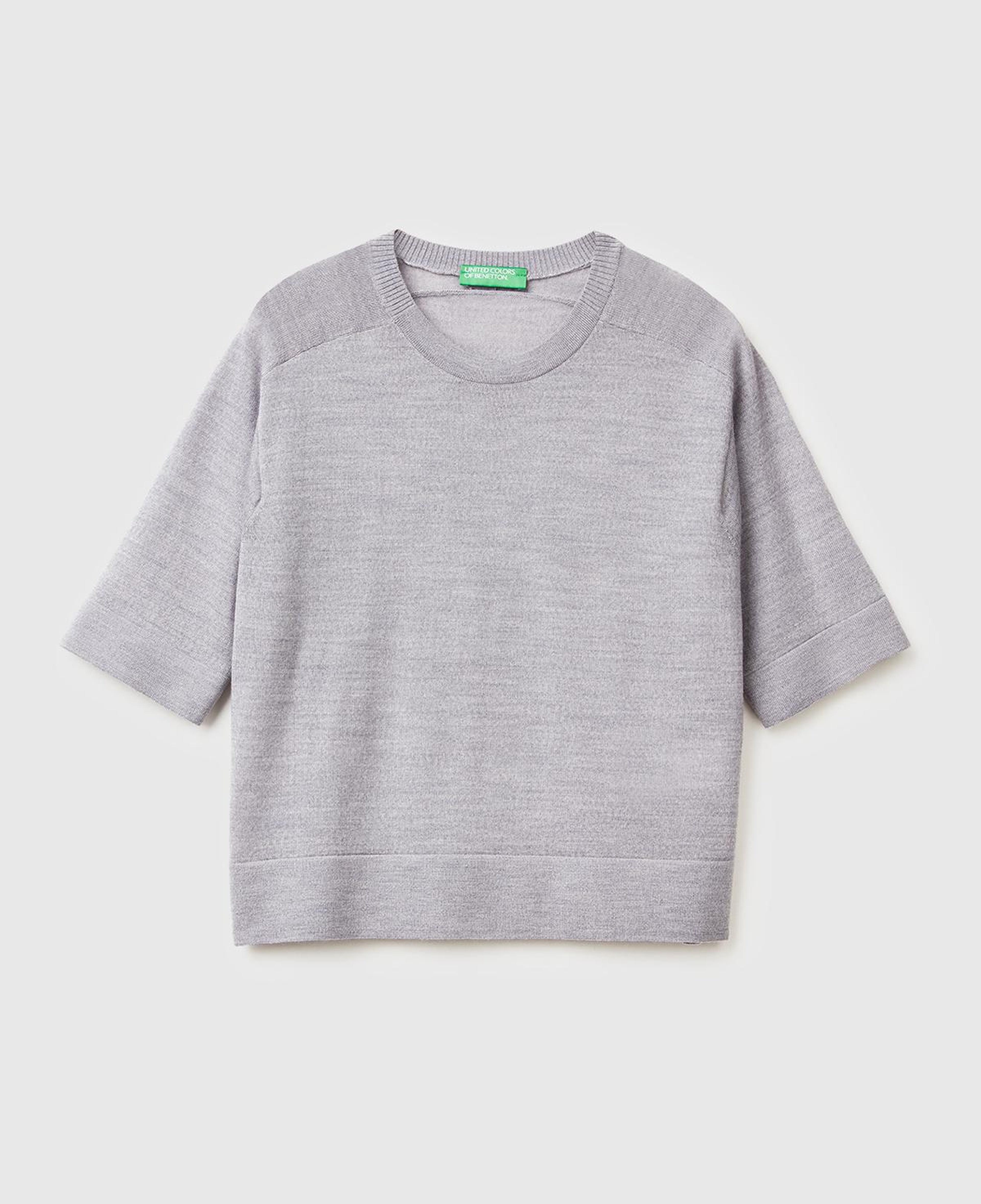 Kadın Gri Melanj %100 Yün Bisiklet Yaka Kısa Kollu Kazak