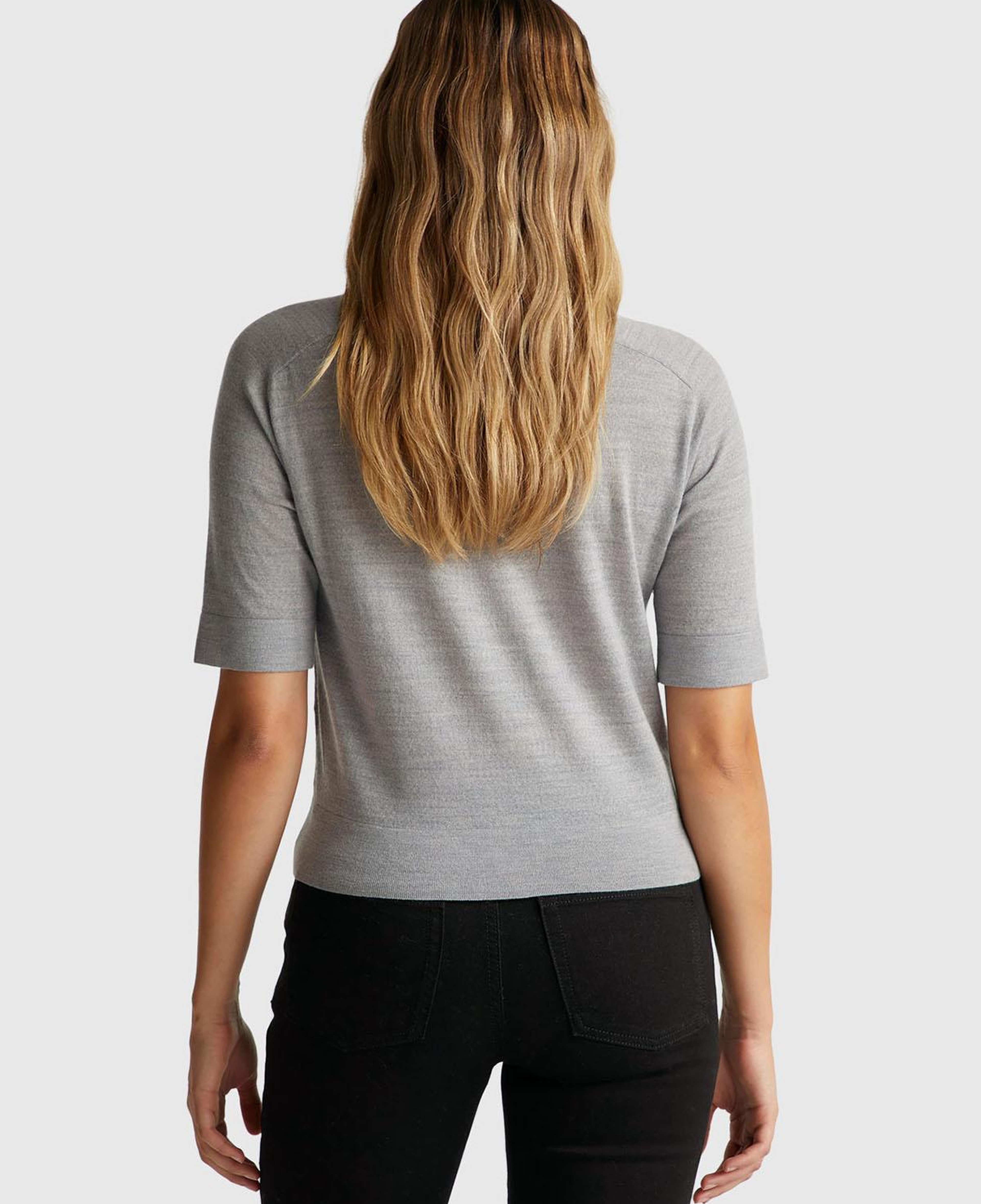 Kadın Gri Melanj %100 Yün Bisiklet Yaka Kısa Kollu Kazak