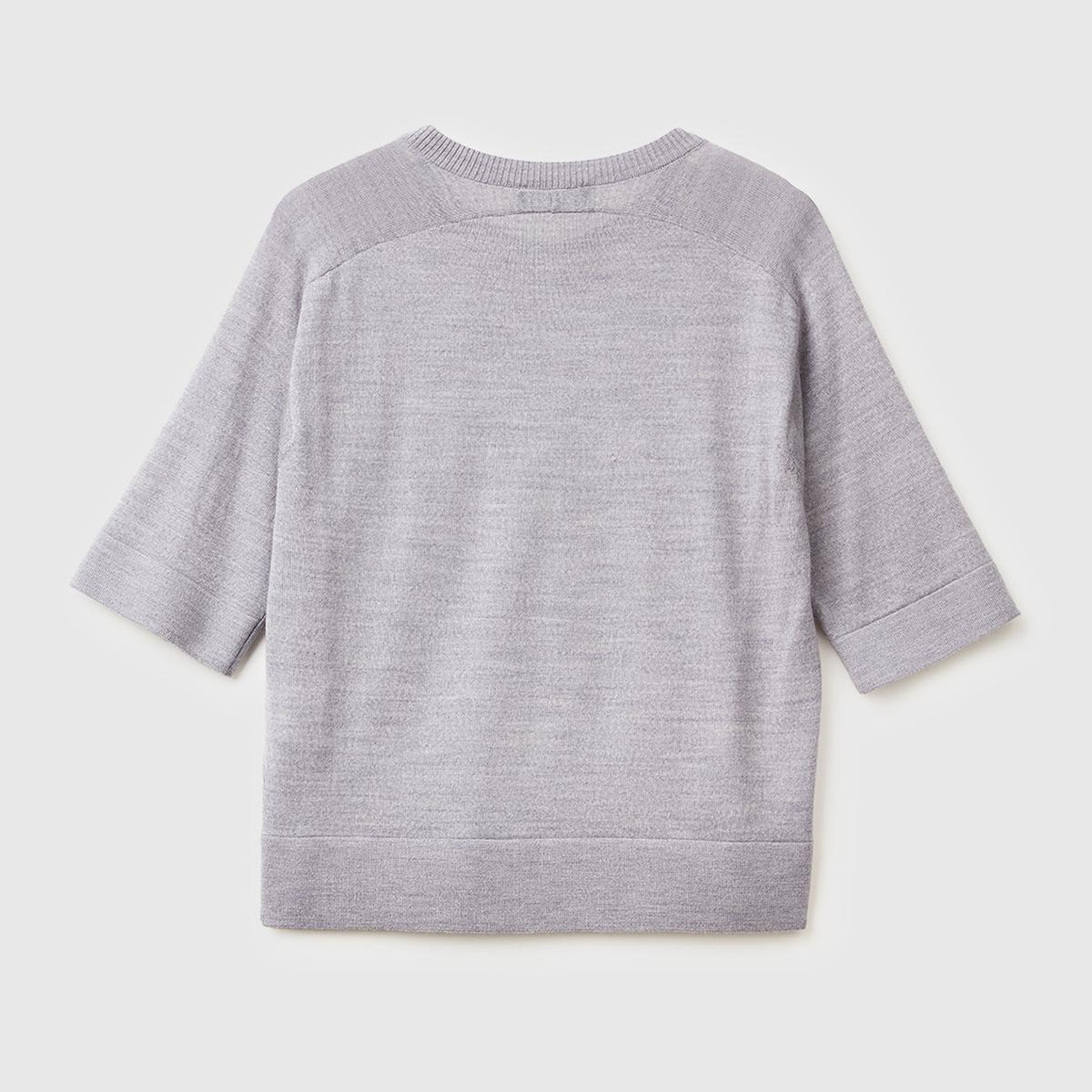 Kadın Gri Melanj %100 Yün Bisiklet Yaka Kısa Kollu Kazak