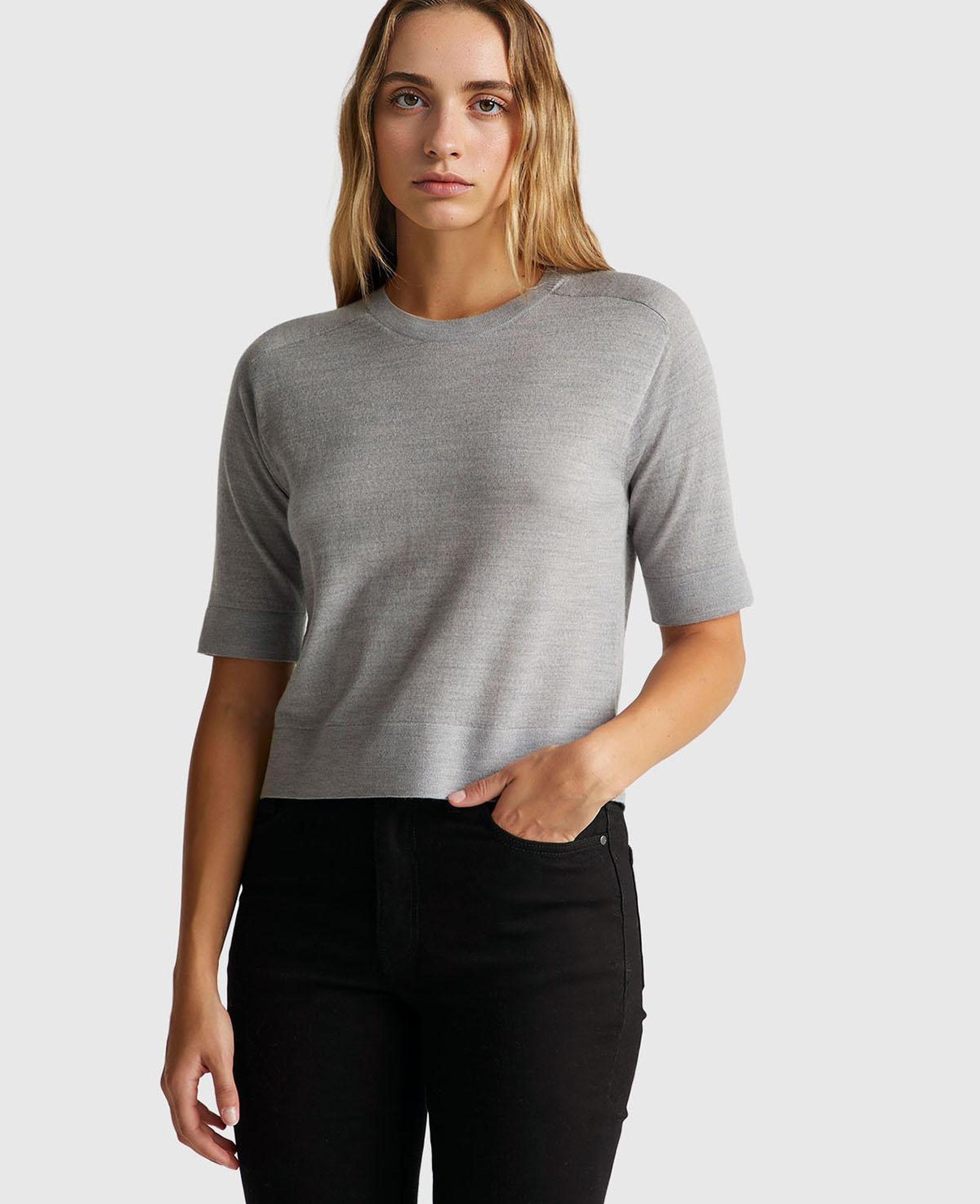 Kadın Gri Melanj %100 Yün Bisiklet Yaka Kısa Kollu Kazak