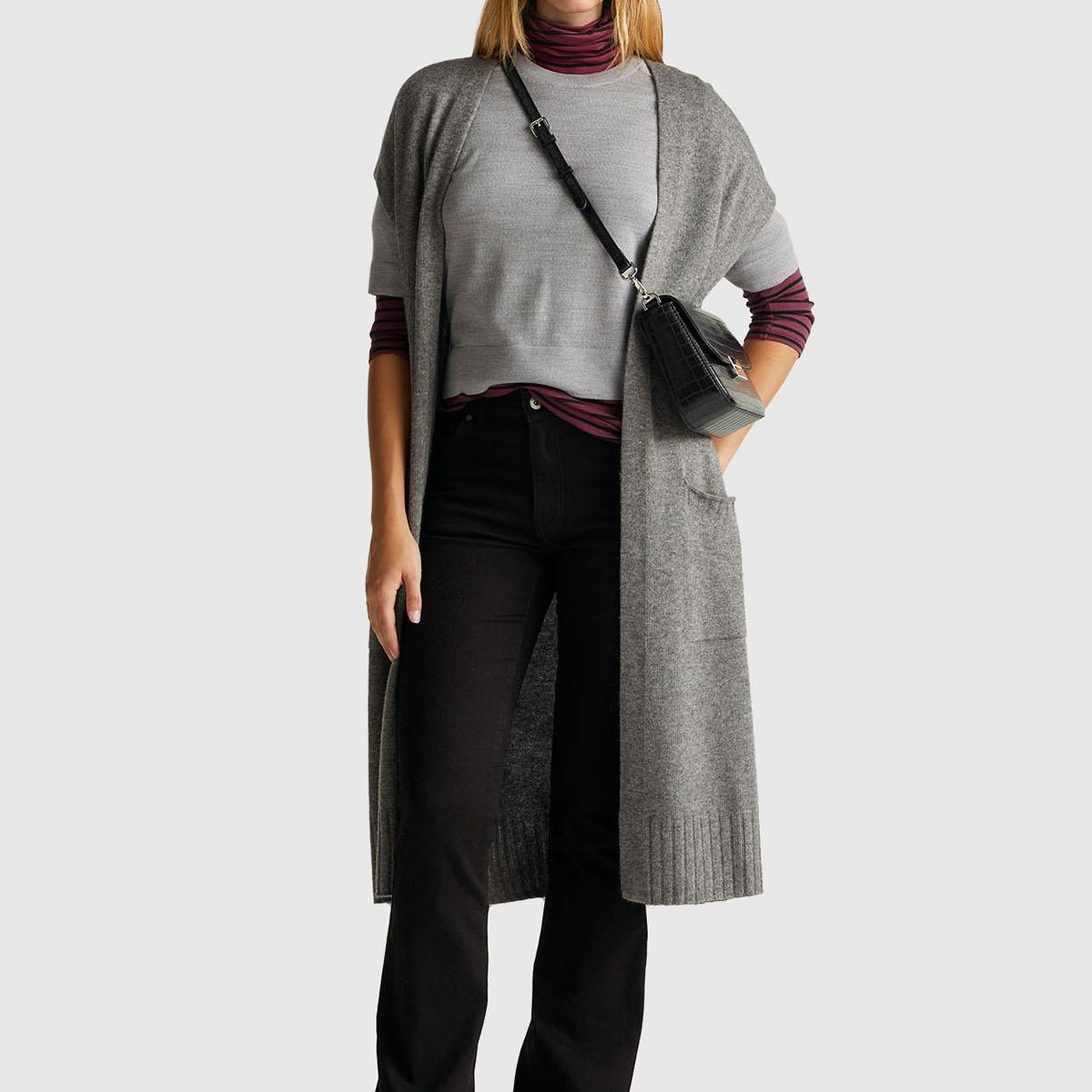 Kadın Gri Melanj %100 Yün Bisiklet Yaka Kısa Kollu Kazak