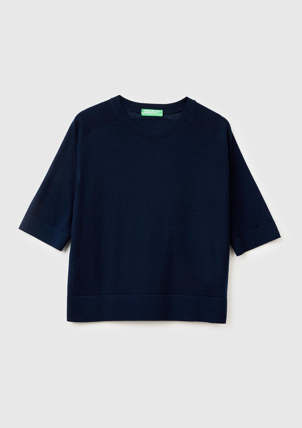 Kadın Lacivert %100 Yün Bisiklet Yaka Kısa Kollu Kazak