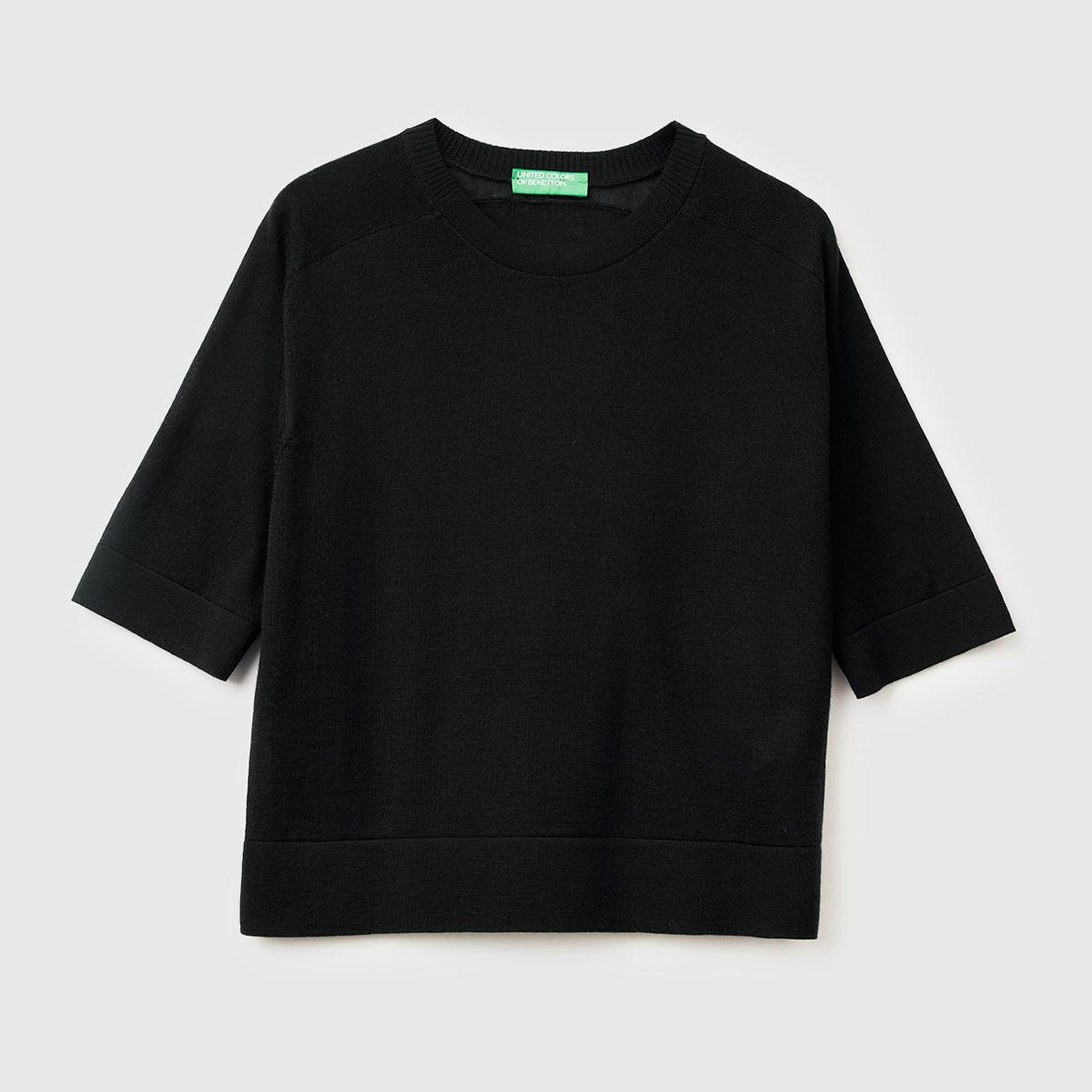 Kadın Sİyah %100 Yün Bisiklet Yaka Kısa Kollu Kazak