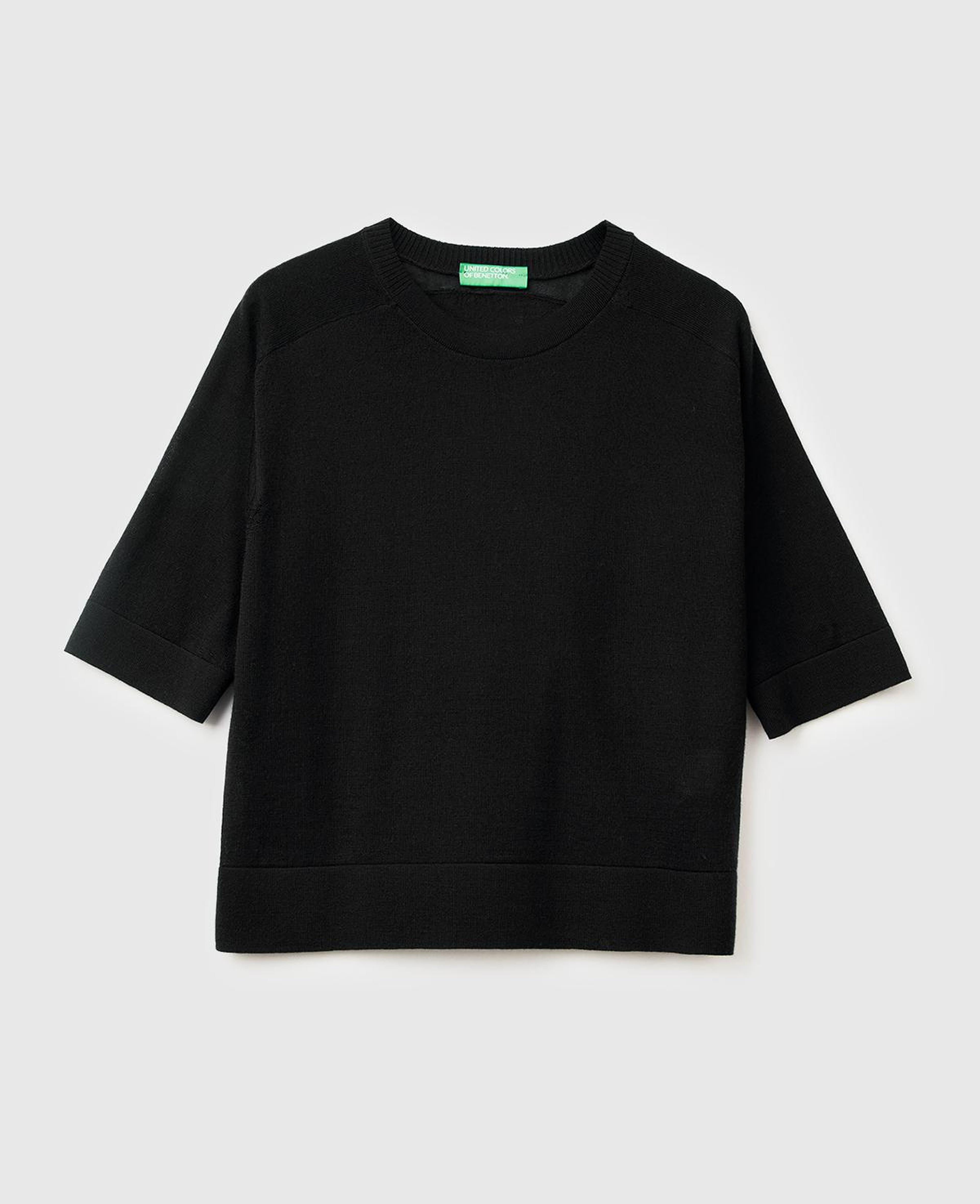 Kadın Sİyah %100 Yün Bisiklet Yaka Kısa Kollu Kazak