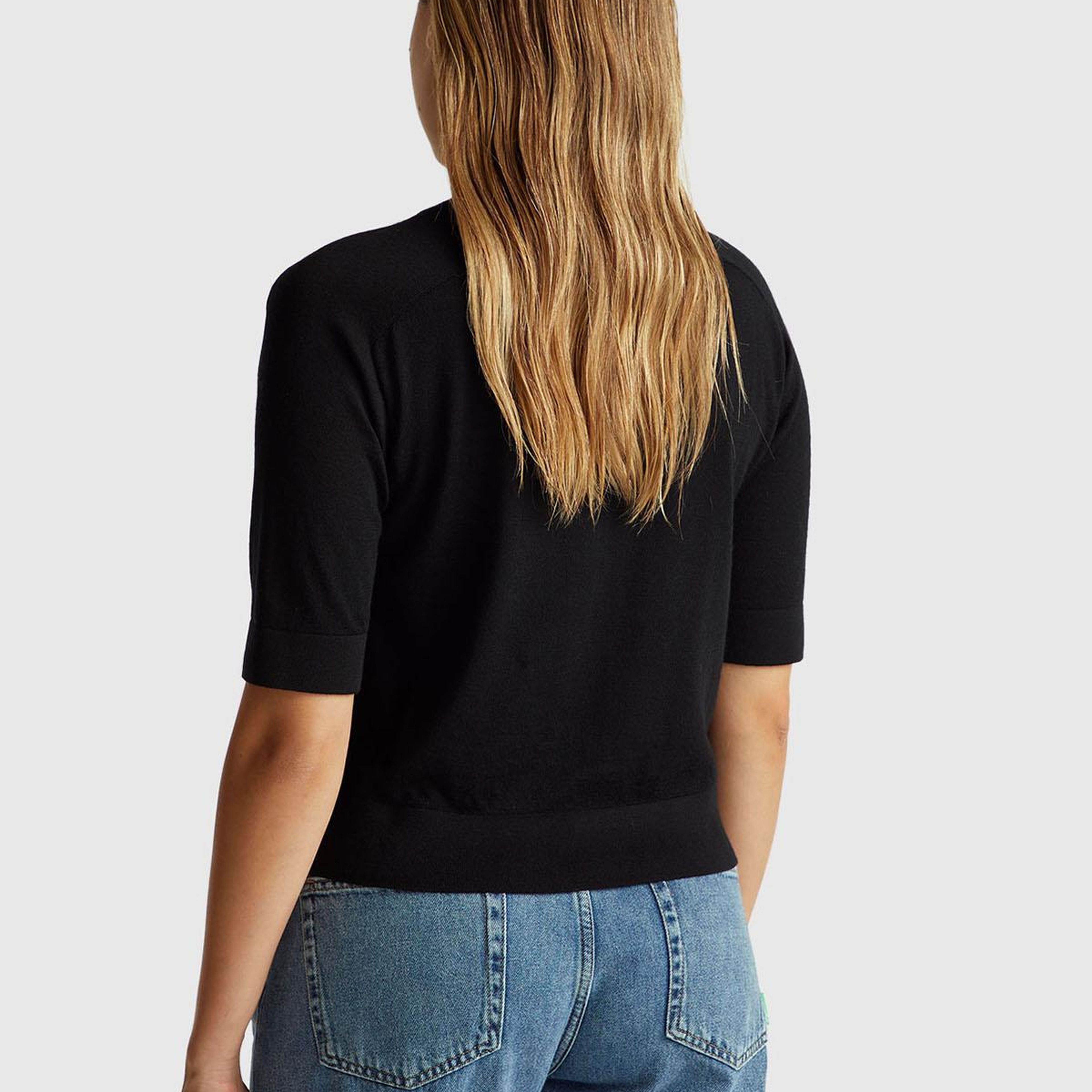 Kadın Sİyah %100 Yün Bisiklet Yaka Kısa Kollu Kazak