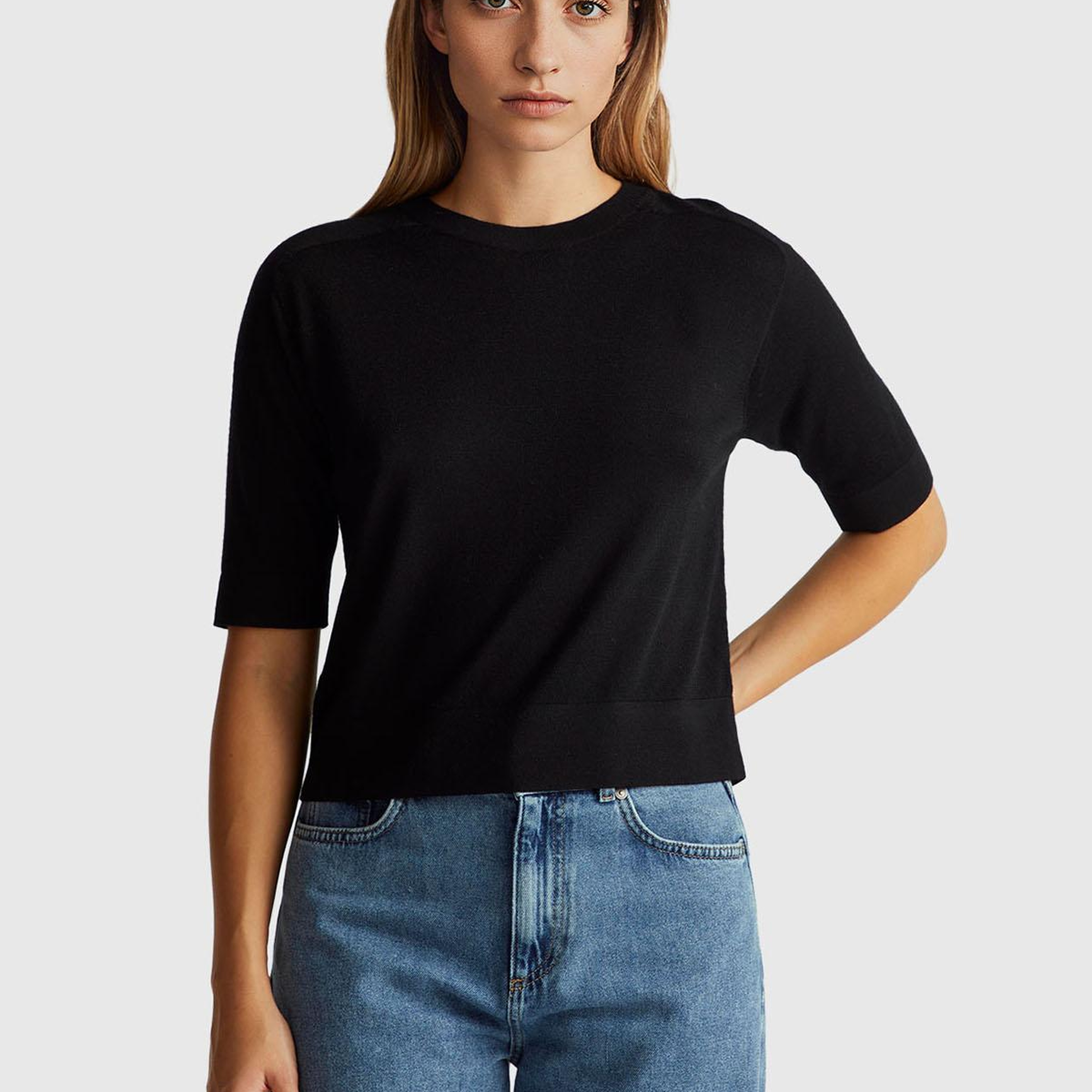 Kadın Sİyah %100 Yün Bisiklet Yaka Kısa Kollu Kazak