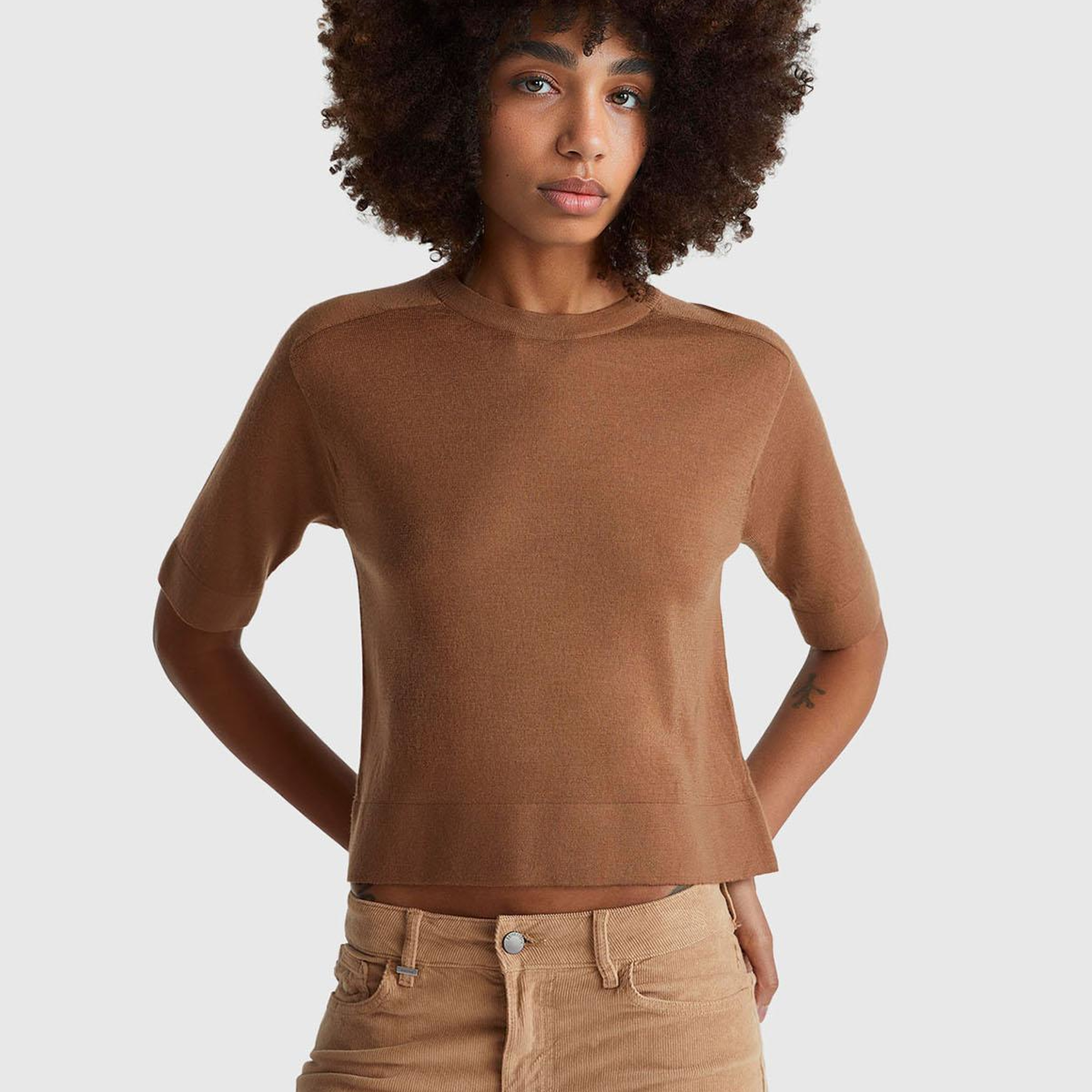 Kadın Taba  %100 Yün Bisiklet Yaka Kısa Kollu Kazak