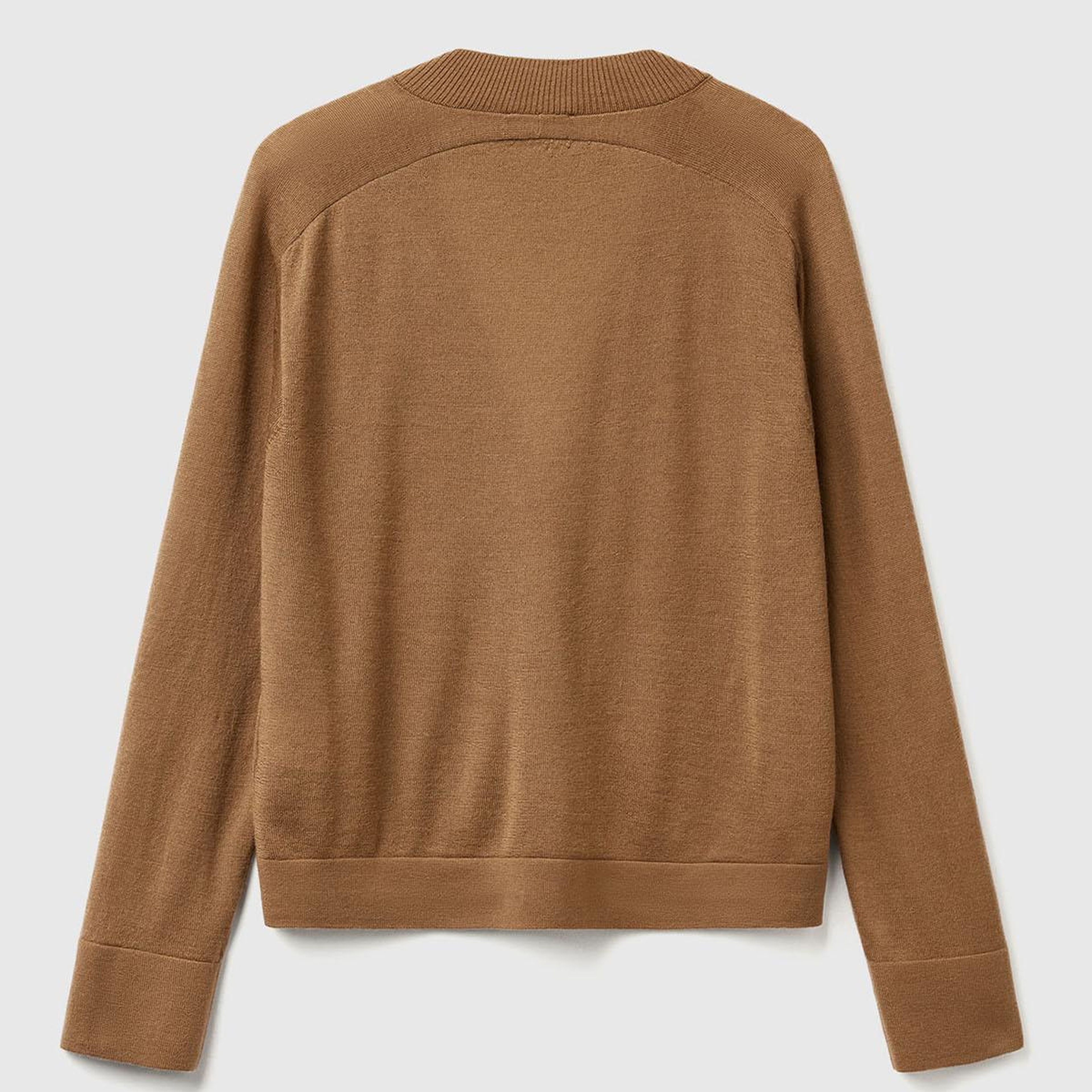 Kadın Taba  %100 Yün Önü Cep Detaylı Düğmeli V Yaka Hırka