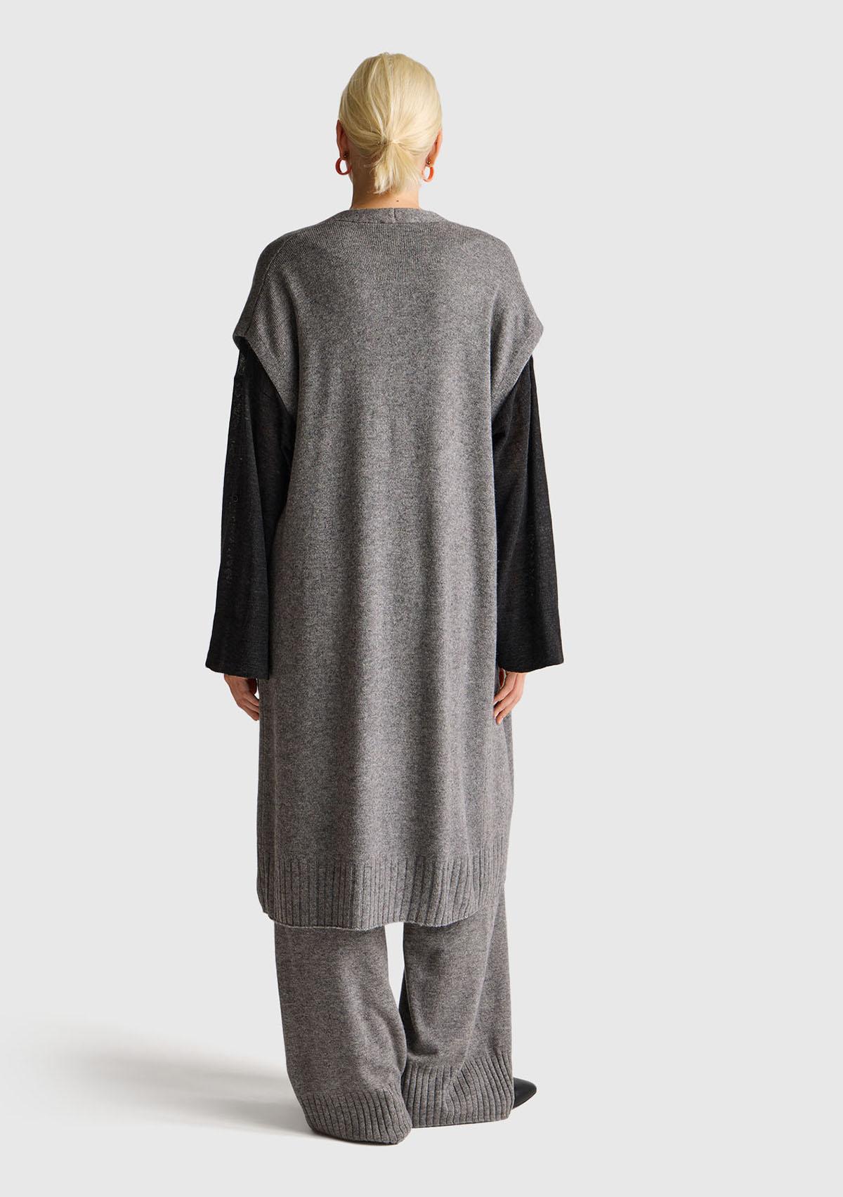 Kadın Antrasit Melanj Yün ve Kaşmir Karışımlı Ribana Detaylı Kısa Kollu Uzun Hırka