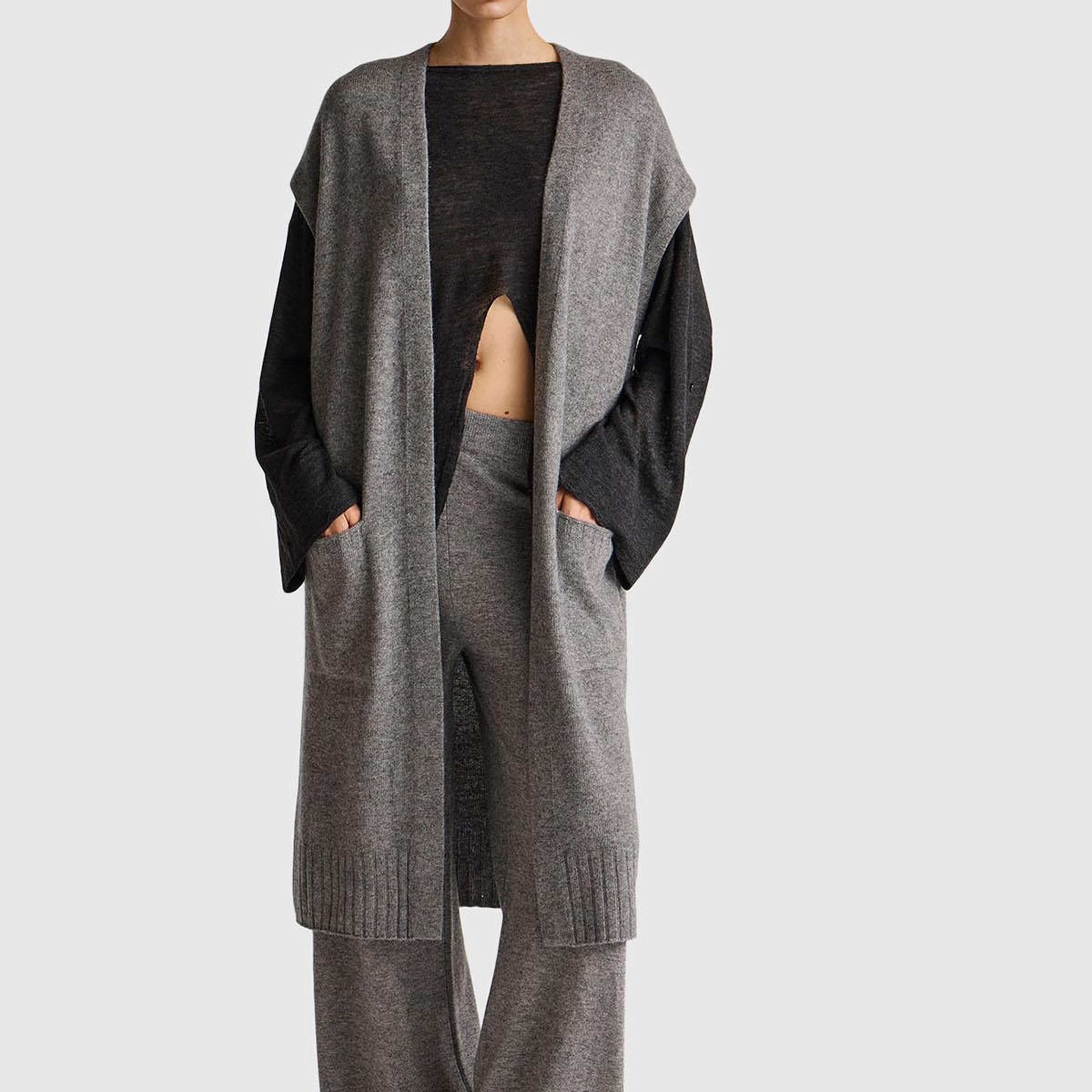 Kadın Antrasit Melanj Yün ve Kaşmir Karışımlı Ribana Detaylı Kısa Kollu Uzun Hırka