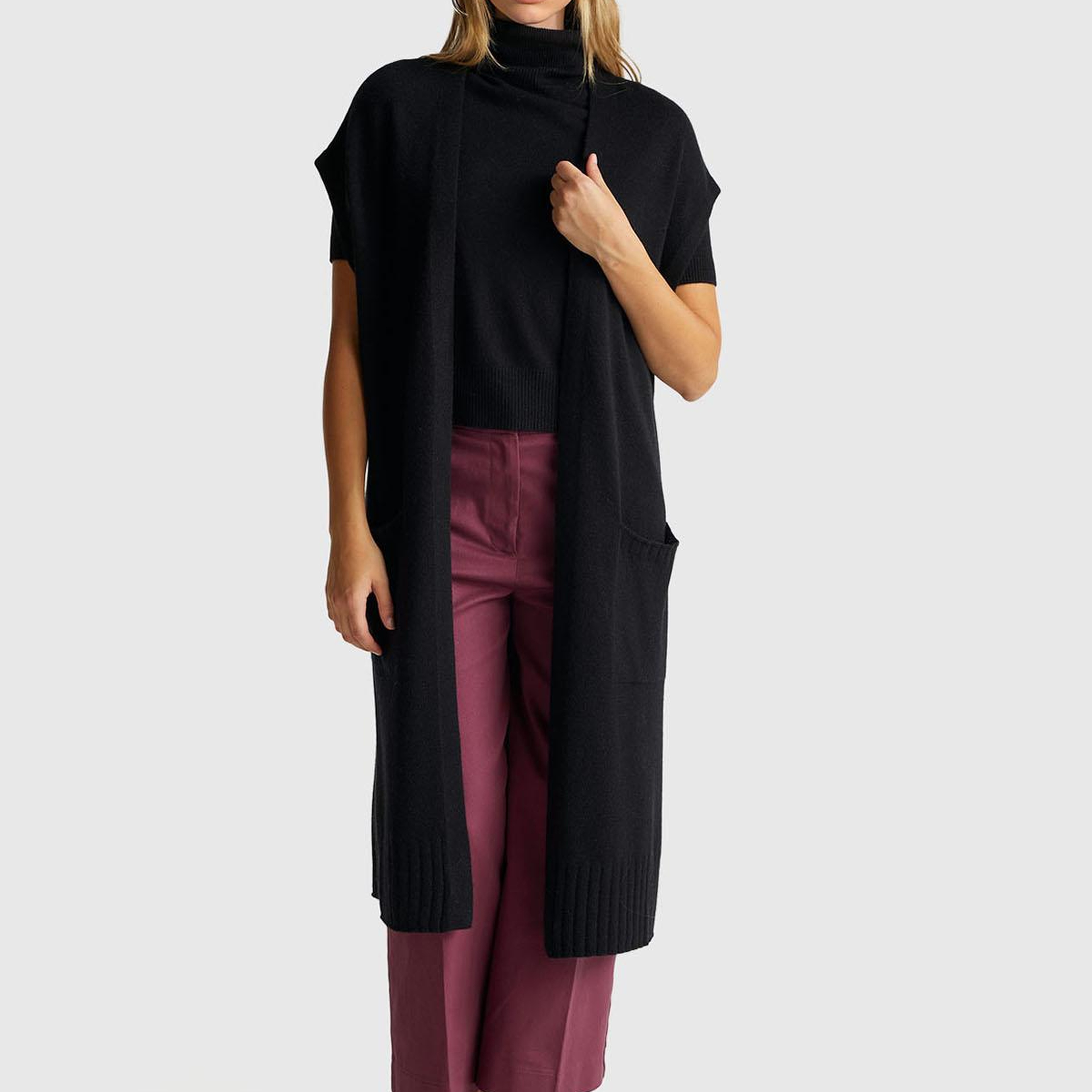 Kadın Sİyah Yün ve Kaşmir Karışımlı Ribana Detaylı Kısa Kollu Uzun Hırka