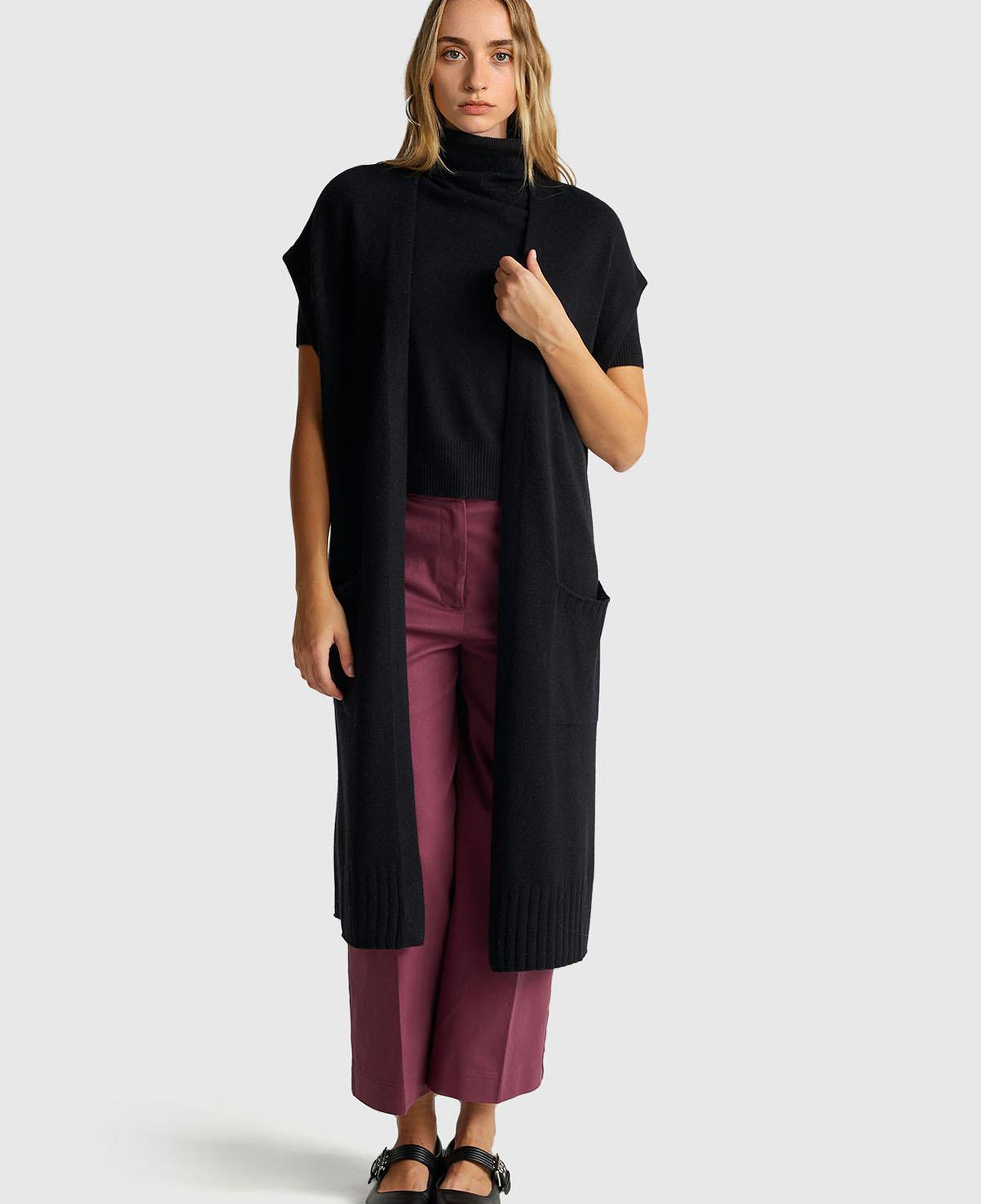 Kadın Sİyah Yün ve Kaşmir Karışımlı Ribana Detaylı Kısa Kollu Uzun Hırka