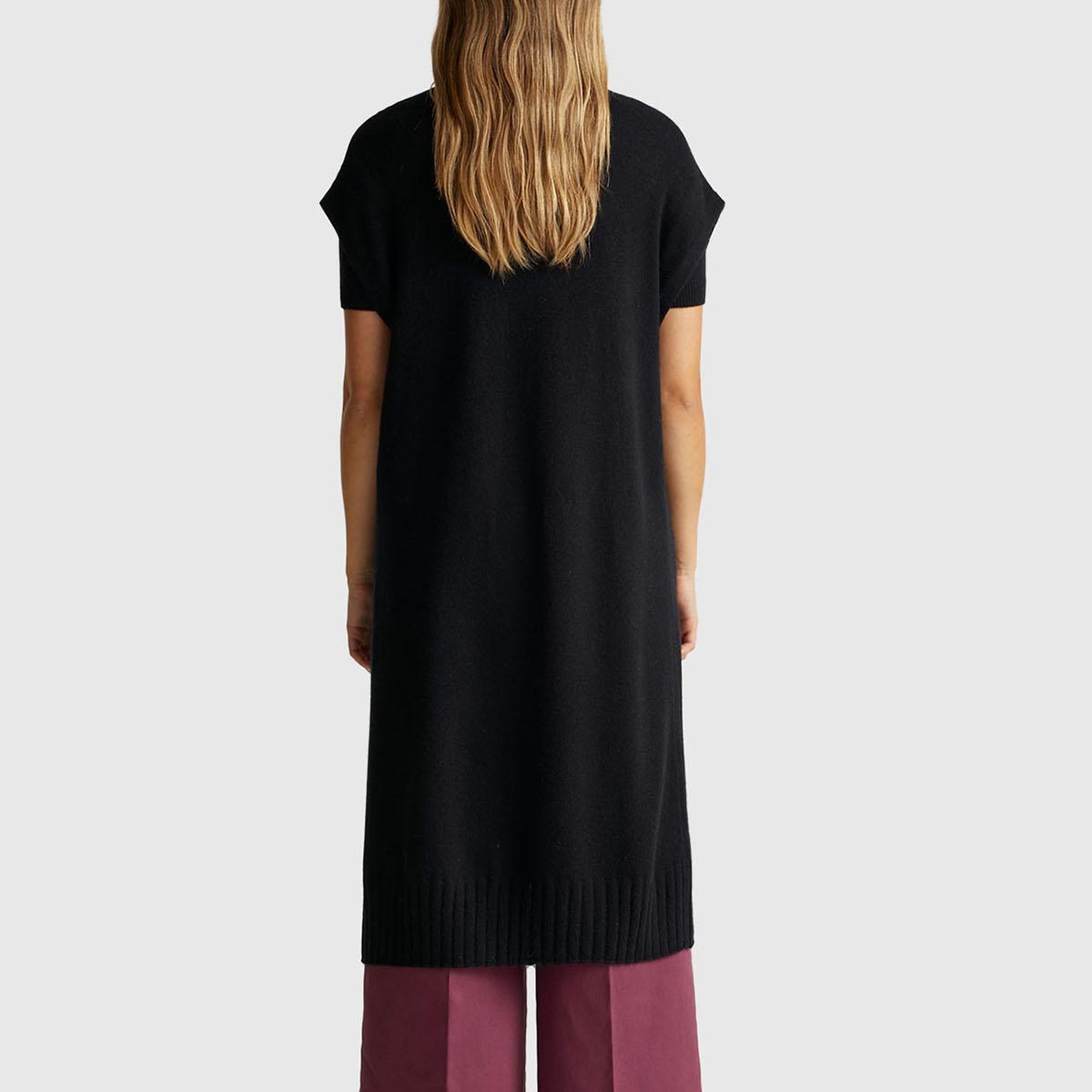 Kadın Sİyah Yün ve Kaşmir Karışımlı Ribana Detaylı Kısa Kollu Uzun Hırka