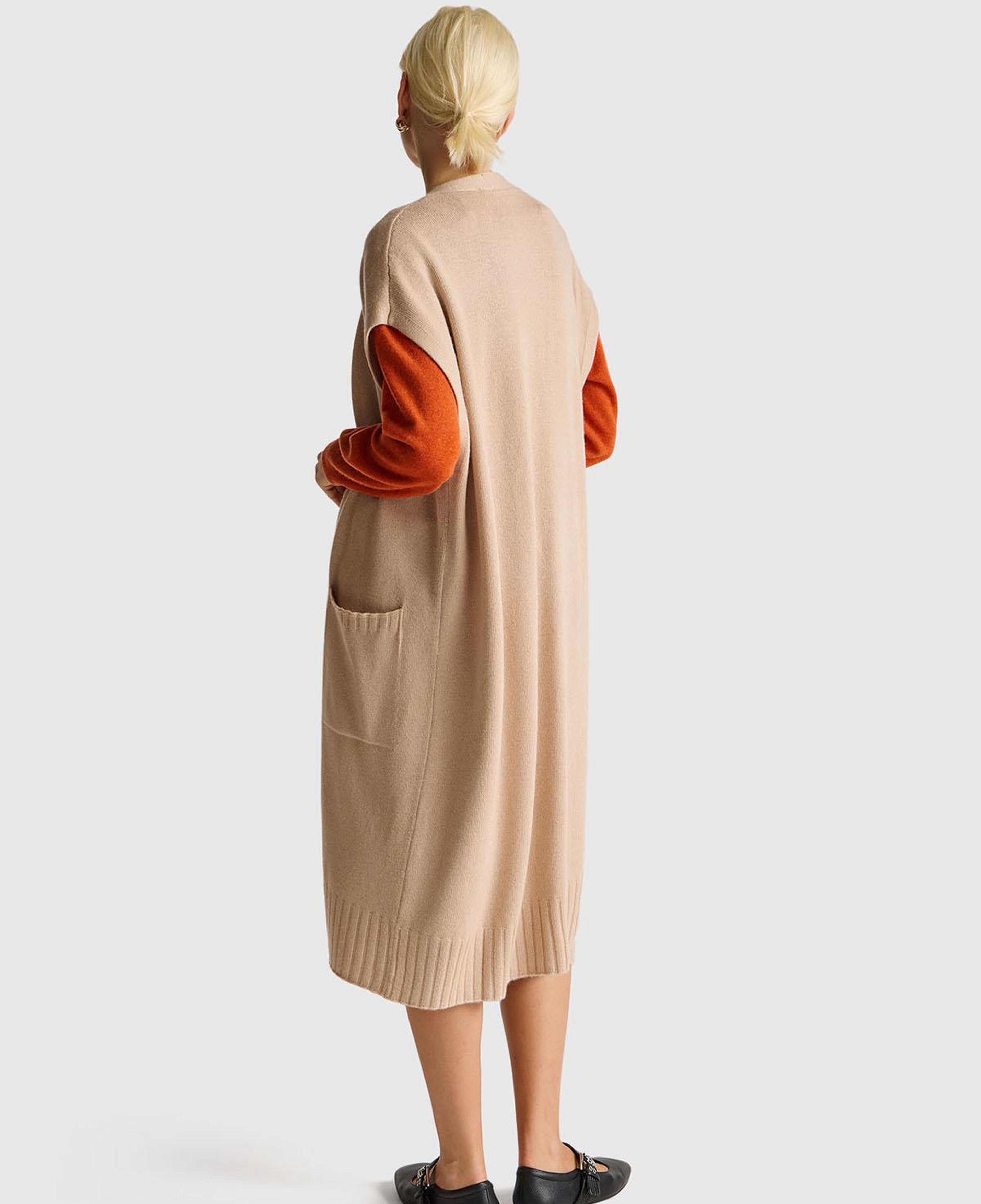 Kadın Bej Yün ve Kaşmir Karışımlı Ribana Detaylı Kısa Kollu Uzun Hırka