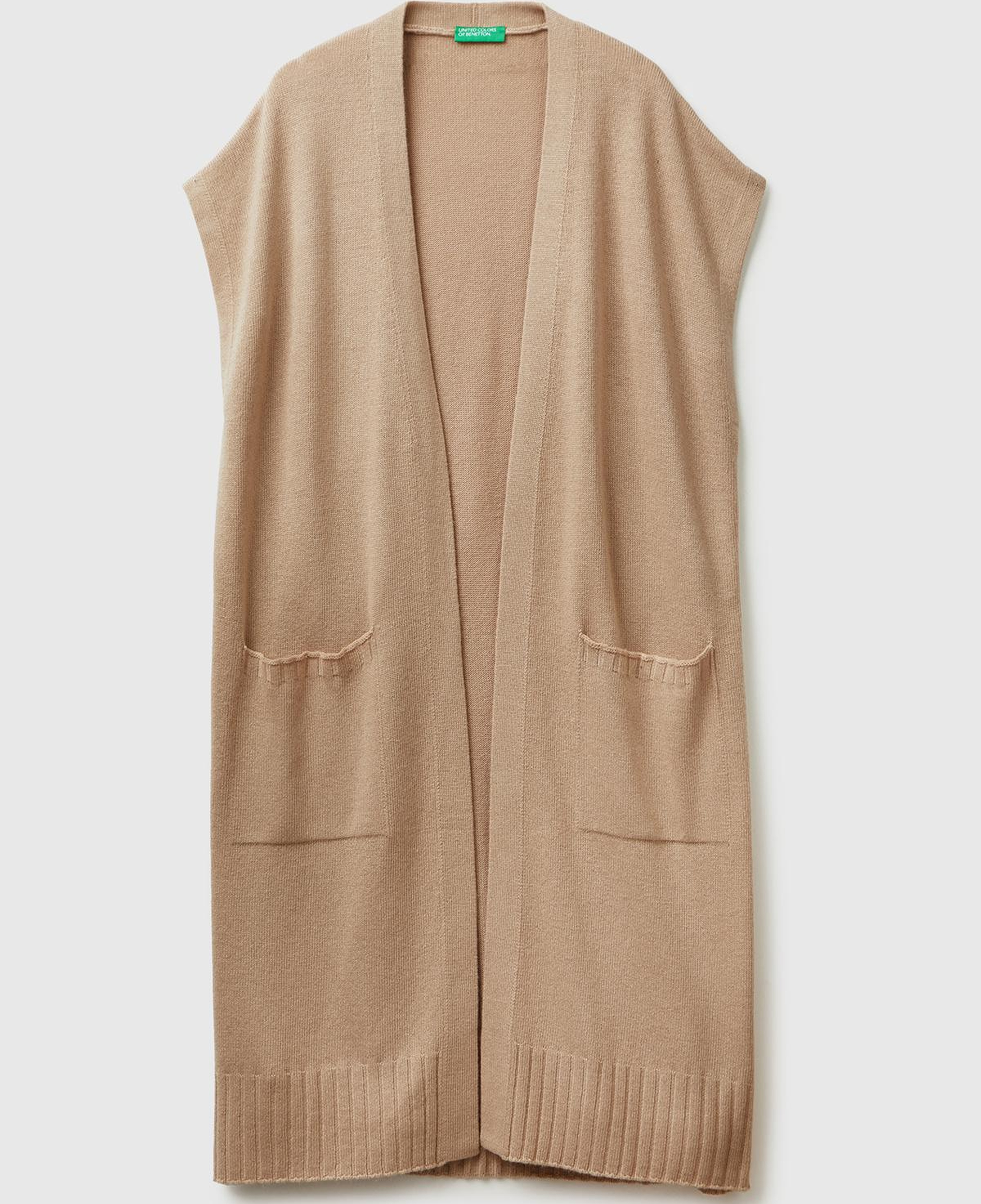 Kadın Bej Yün ve Kaşmir Karışımlı Ribana Detaylı Kısa Kollu Uzun Hırka