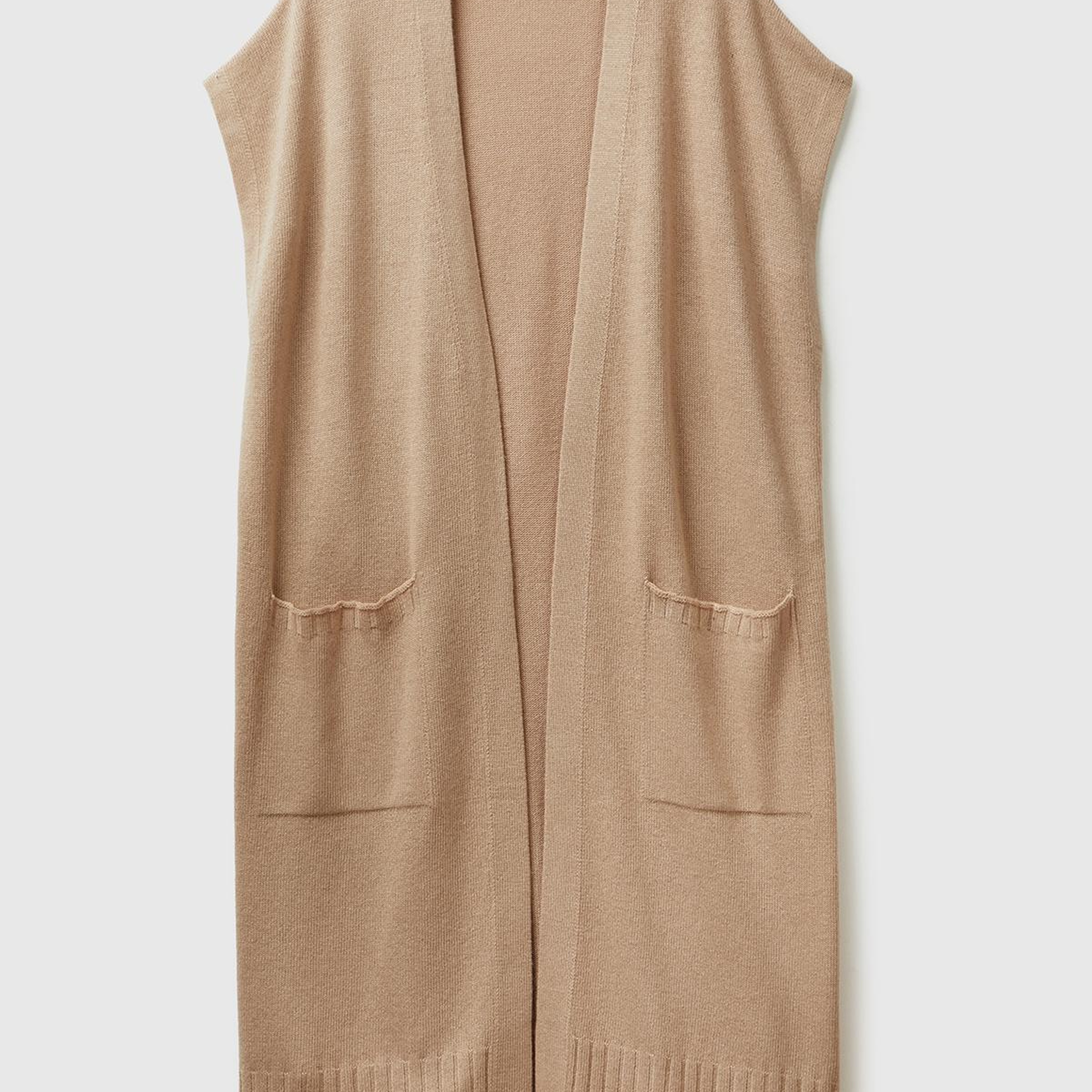 Kadın Bej Yün ve Kaşmir Karışımlı Ribana Detaylı Kısa Kollu Uzun Hırka