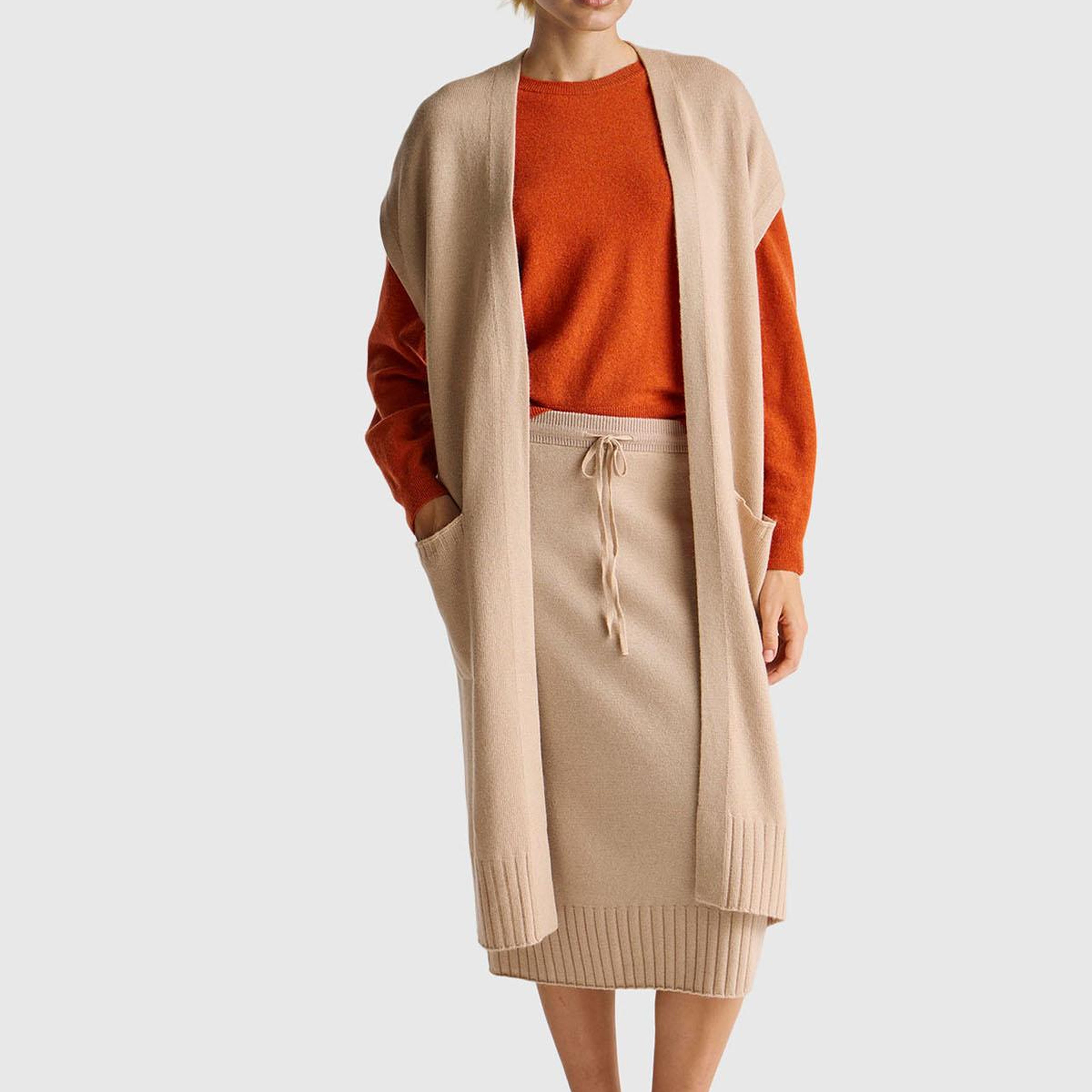 Kadın Bej Yün ve Kaşmir Karışımlı Ribana Detaylı Kısa Kollu Uzun Hırka