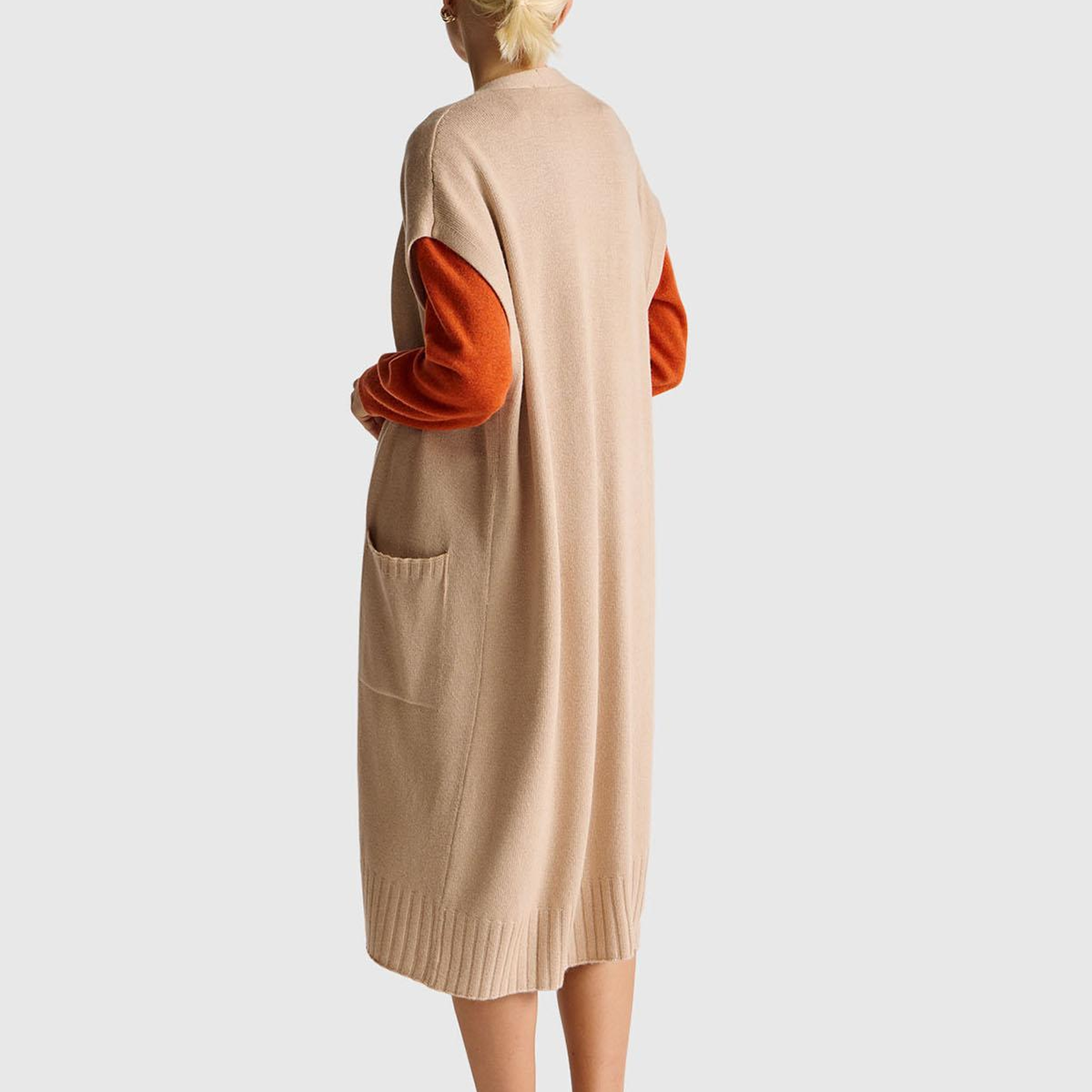 Kadın Bej Yün ve Kaşmir Karışımlı Ribana Detaylı Kısa Kollu Uzun Hırka