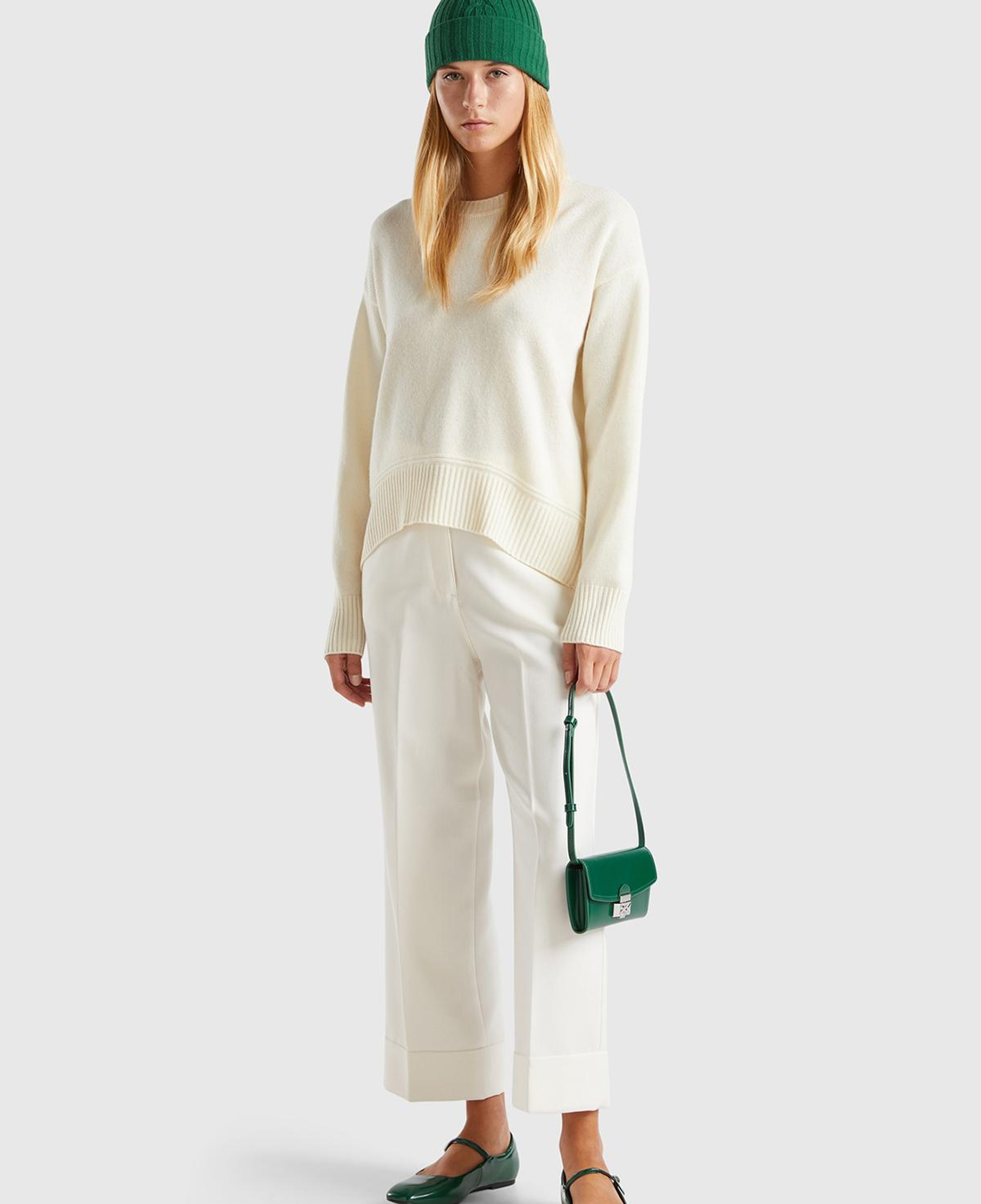 Kadın Krem Yün Karışımlı Alt Kısmı Geniş Bisiklet Yaka Kazak