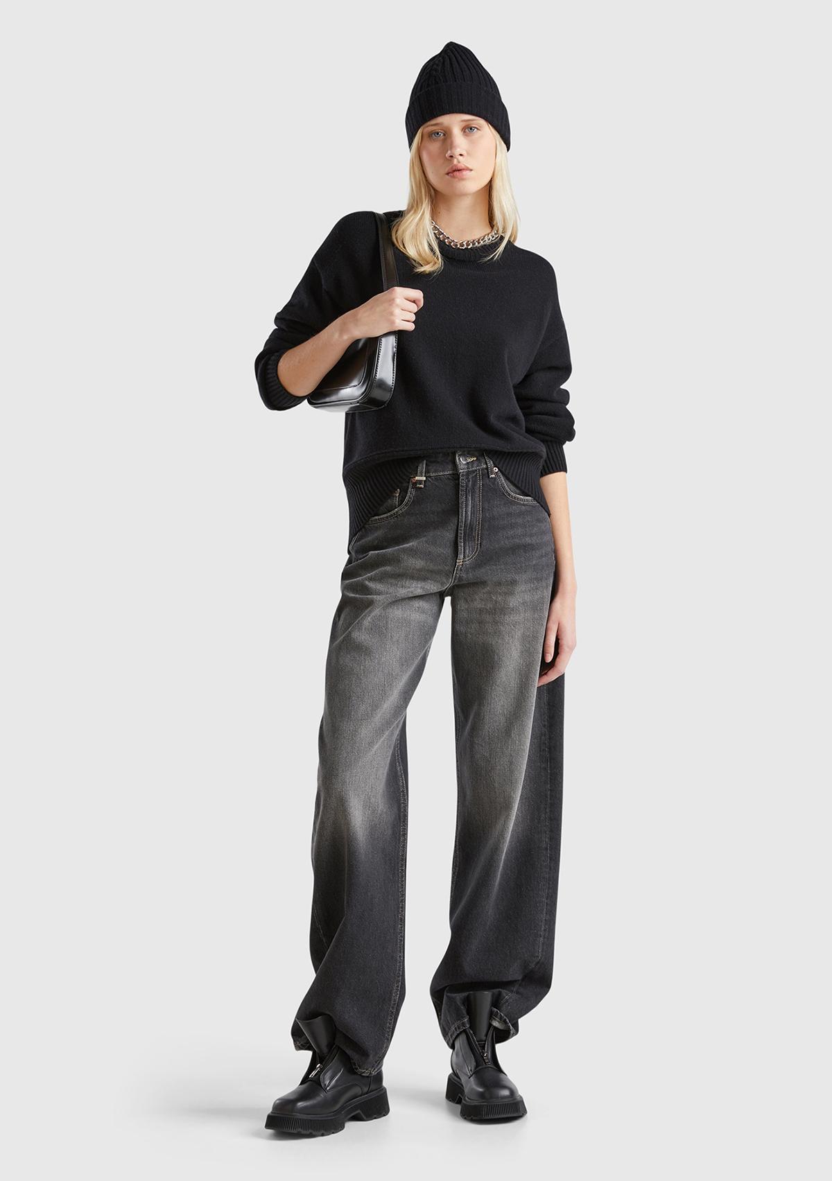 Kadın Siyah Yün Karışımlı Alt Kısmı Geniş Bisiklet Yaka Kazak