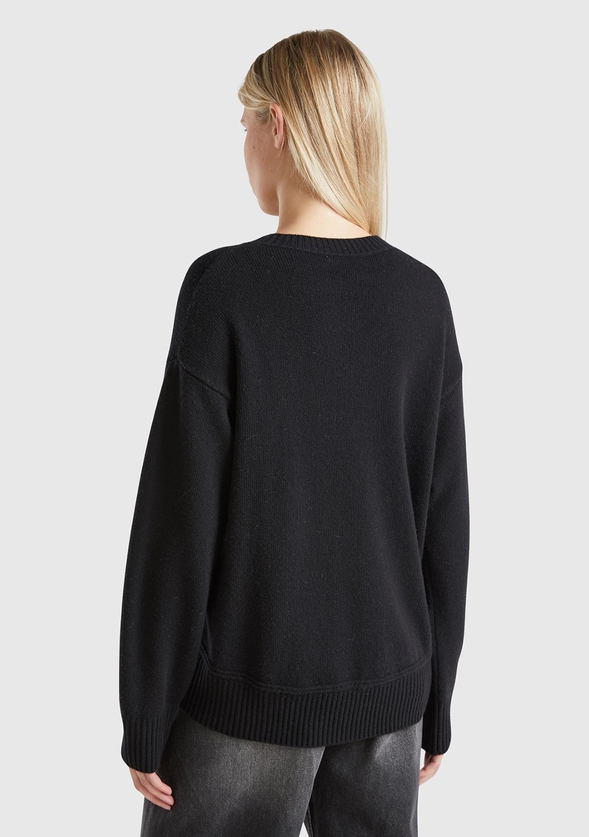 Kadın Siyah Yün Karışımlı Alt Kısmı Geniş Bisiklet Yaka Kazak