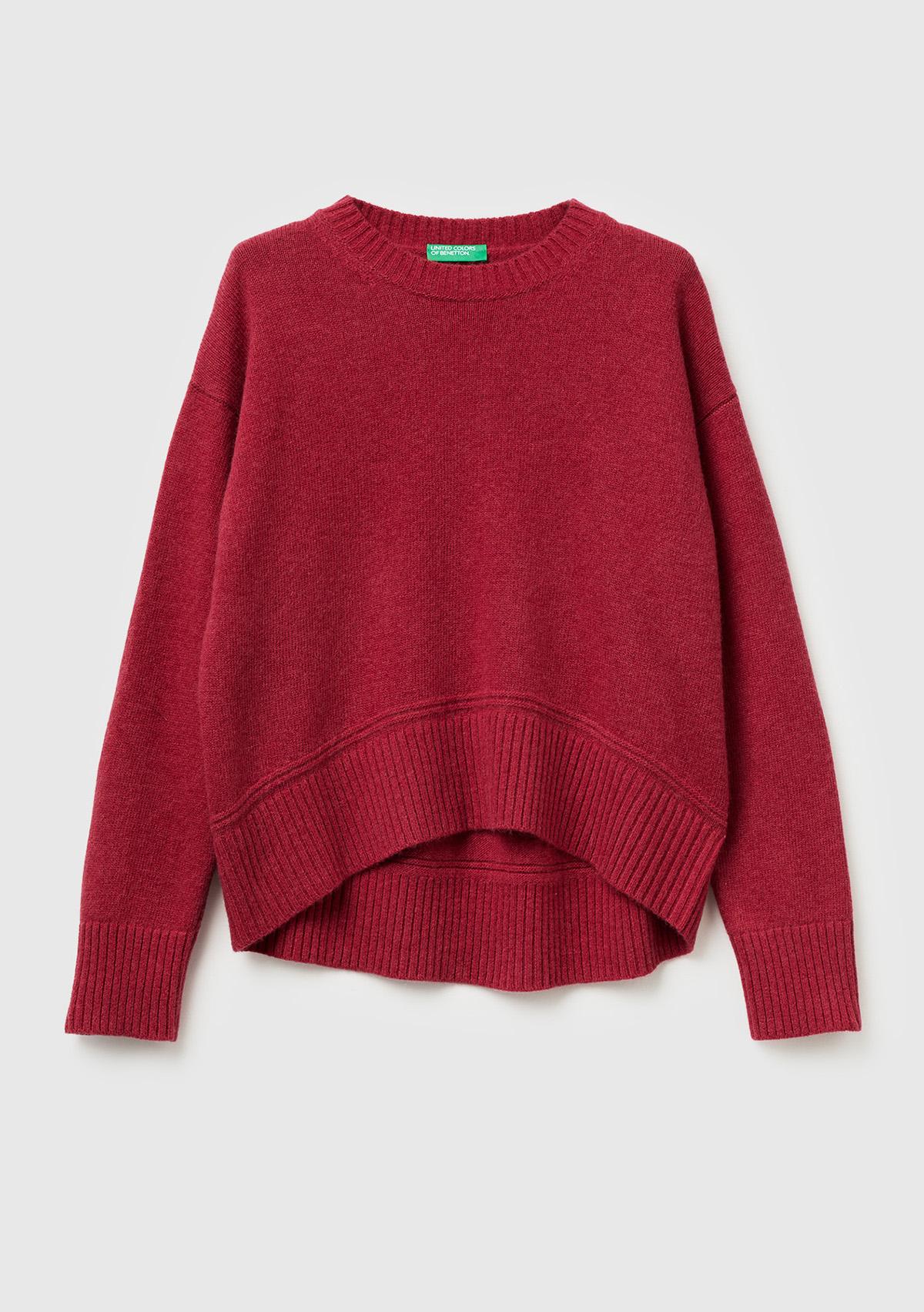 Kadın Fuşya Yün Karışımlı Alt Kısmı Geniş Bisiklet Yaka Kazak