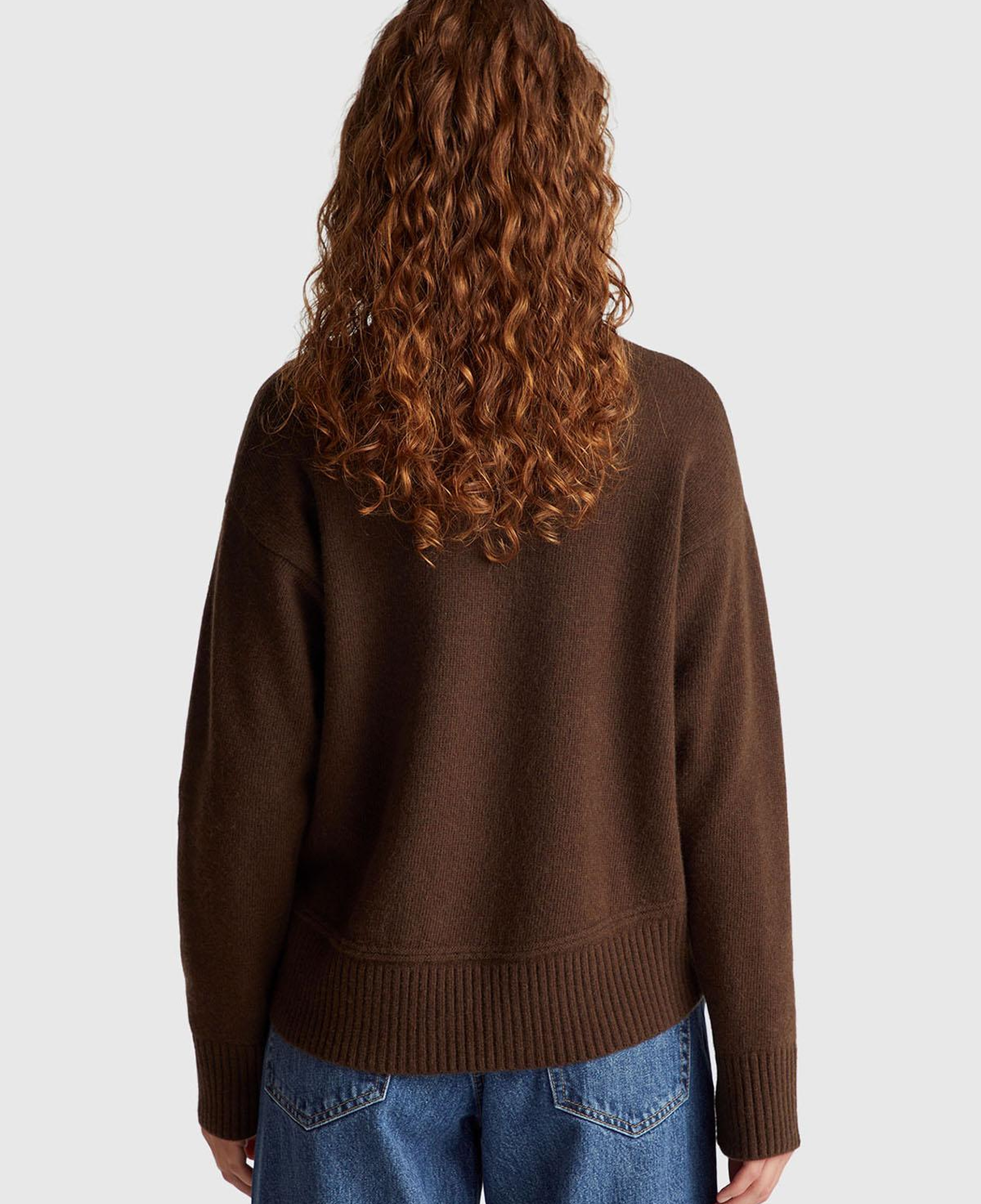 Kadın Koyu Kahverengi Yün Karışımlı Alt Kısmı Geniş Bisiklet Yaka Kazak