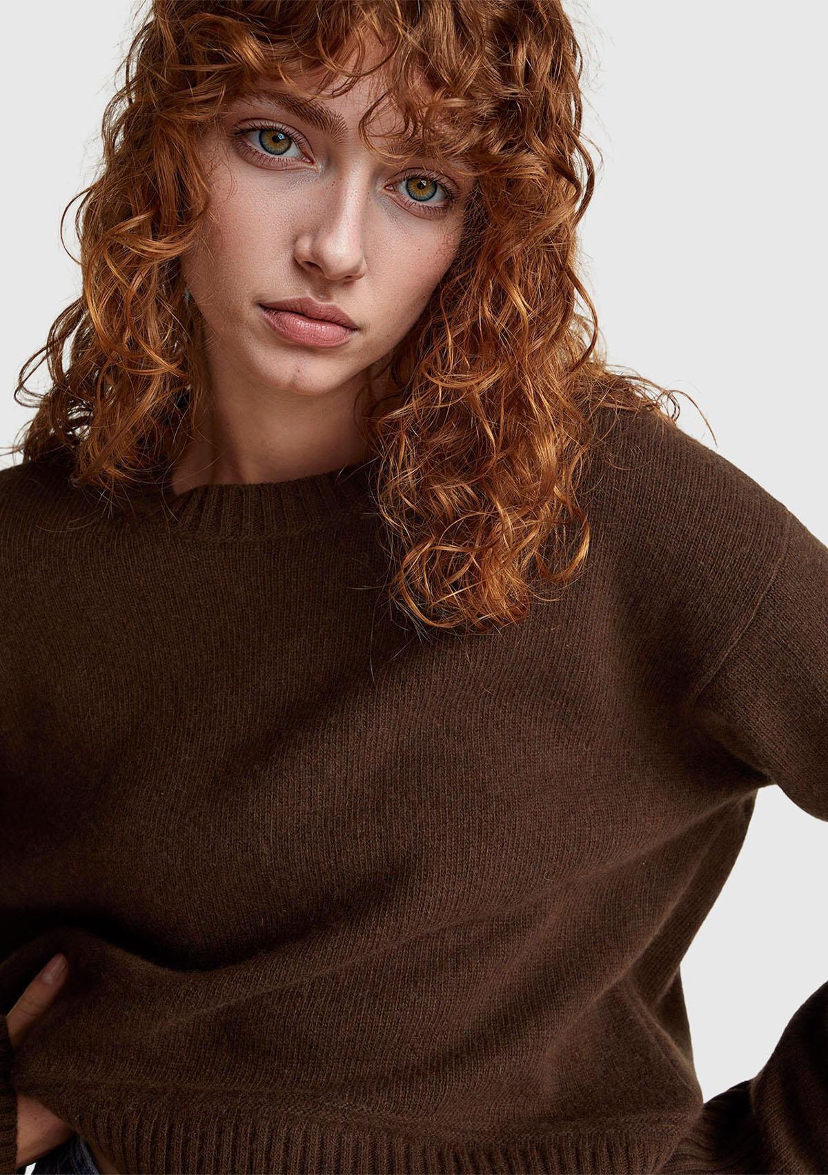 Kadın Koyu Kahverengi Yün Karışımlı Alt Kısmı Geniş Bisiklet Yaka Kazak