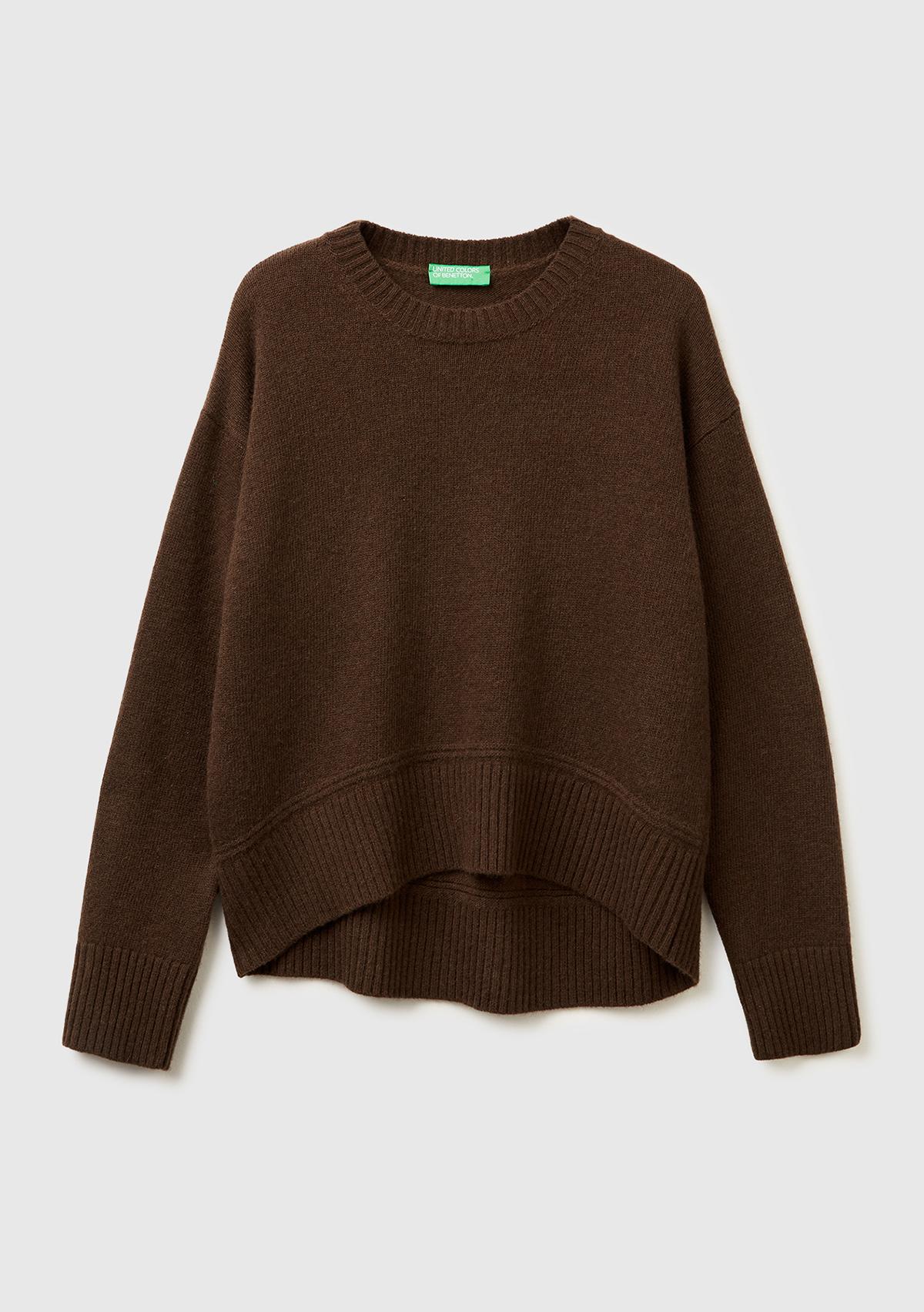 Kadın Koyu Kahverengi Yün Karışımlı Alt Kısmı Geniş Bisiklet Yaka Kazak