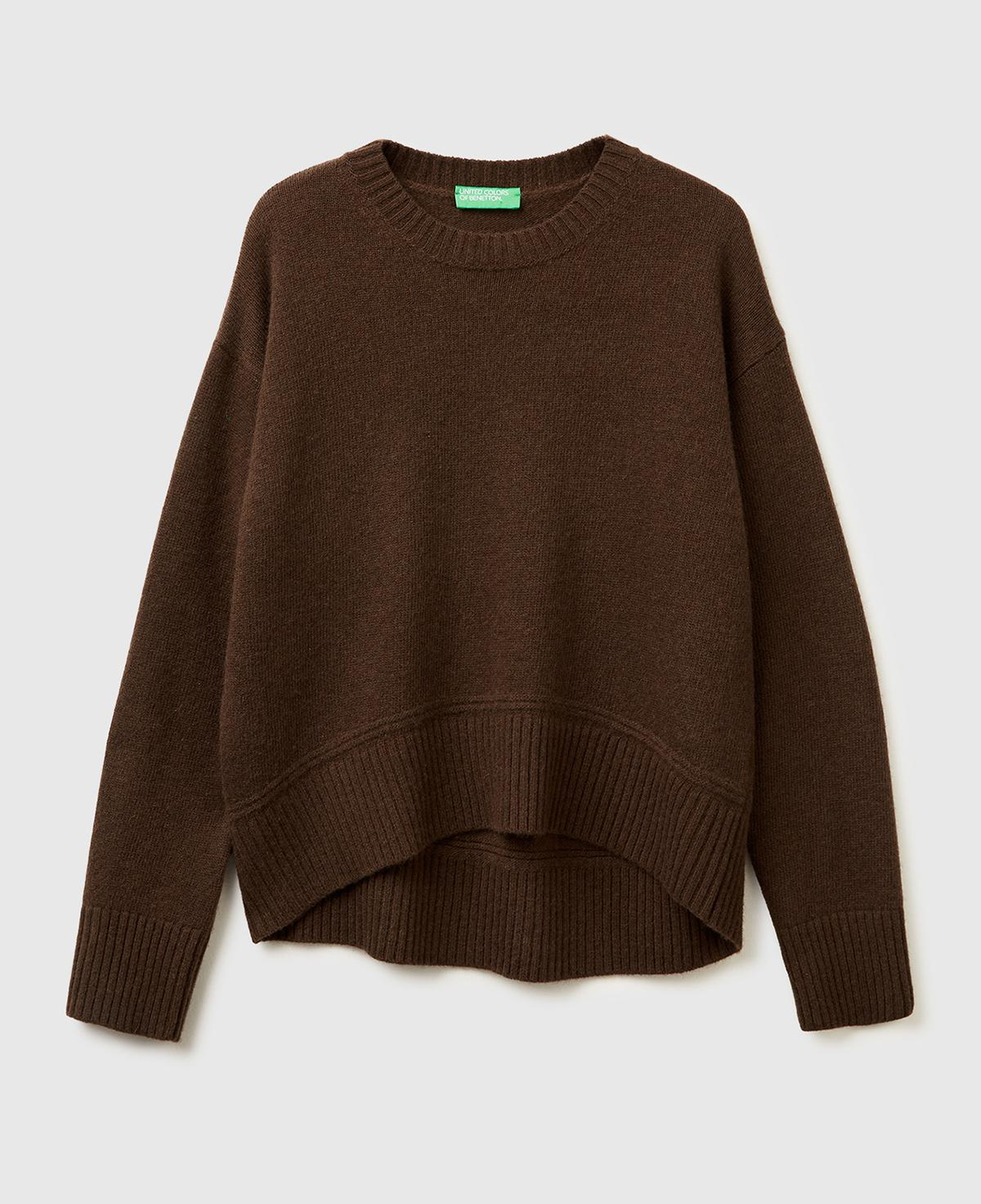 Kadın Koyu Kahverengi Yün Karışımlı Alt Kısmı Geniş Bisiklet Yaka Kazak