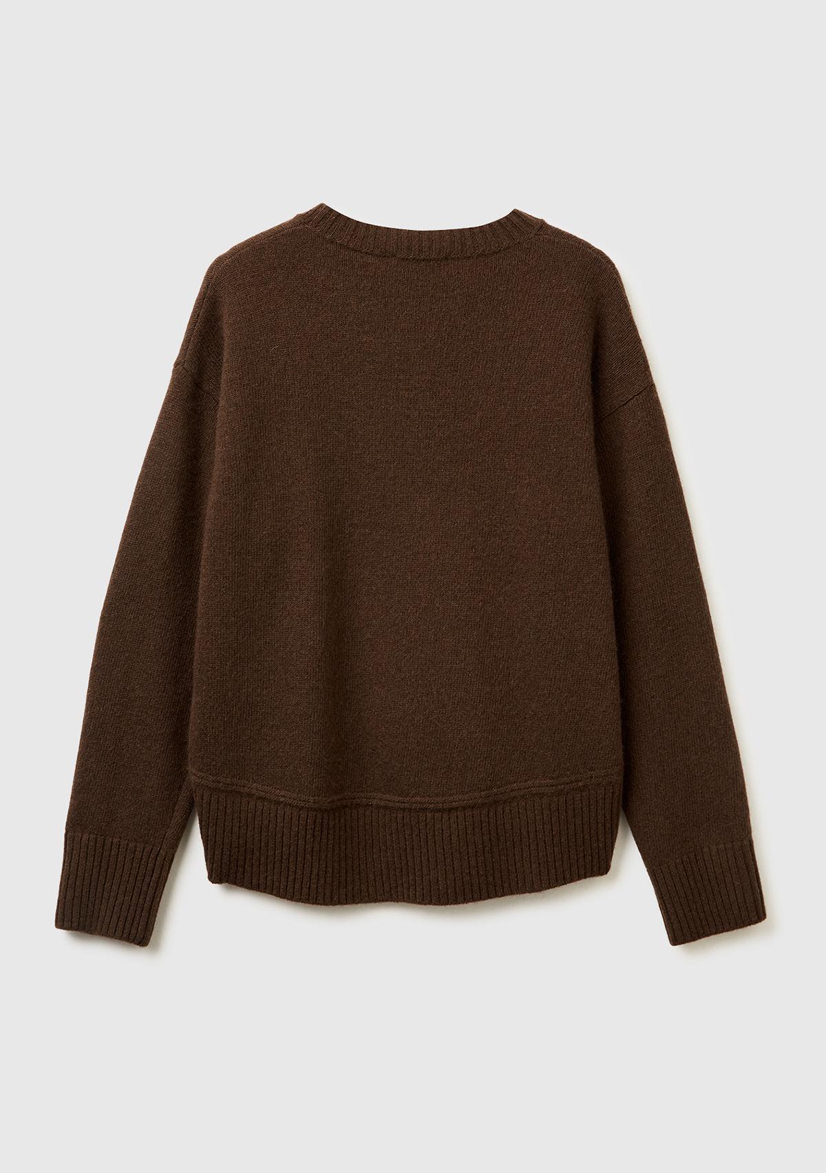 Kadın Koyu Kahverengi Yün Karışımlı Alt Kısmı Geniş Bisiklet Yaka Kazak