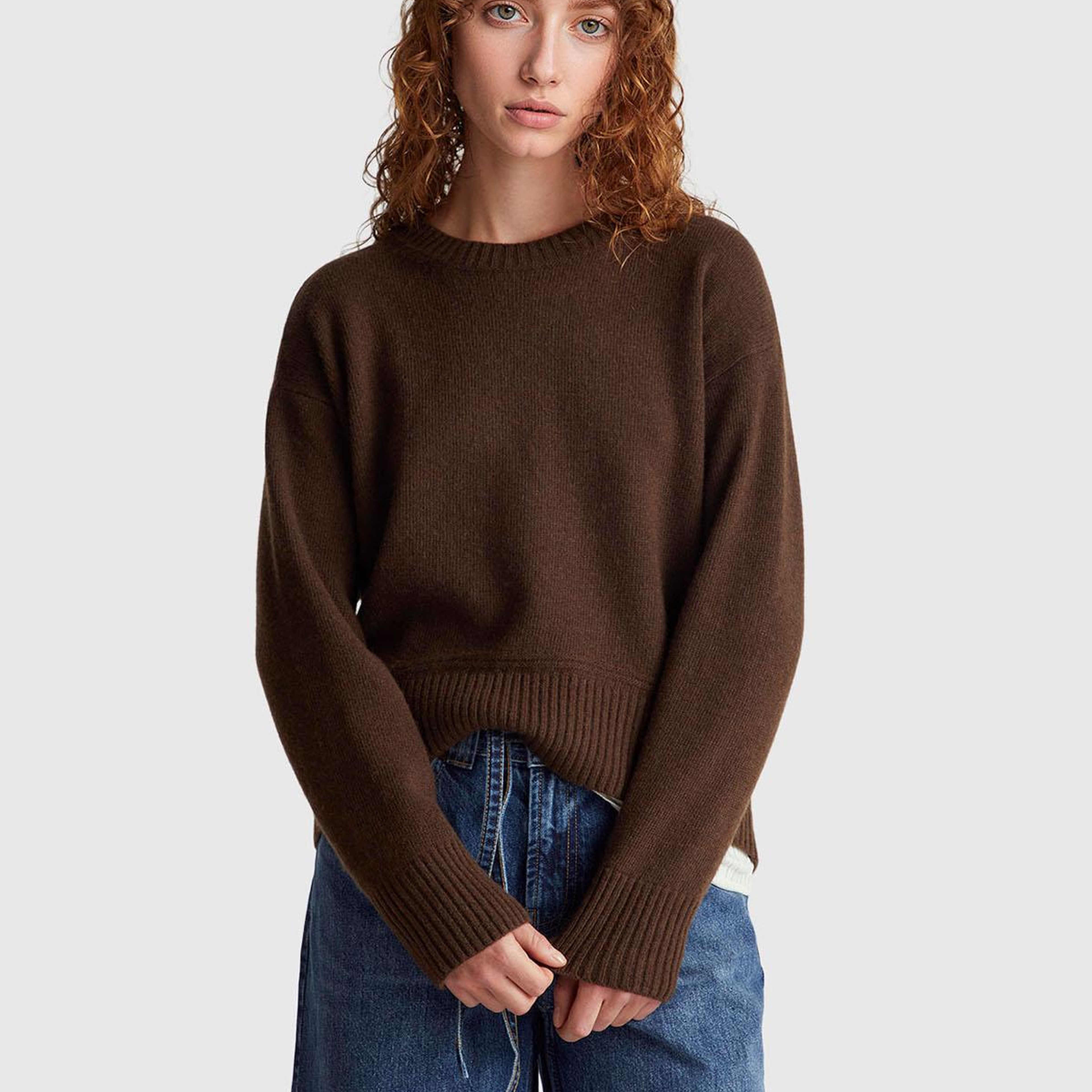 Kadın Koyu Kahverengi Yün Karışımlı Alt Kısmı Geniş Bisiklet Yaka Kazak