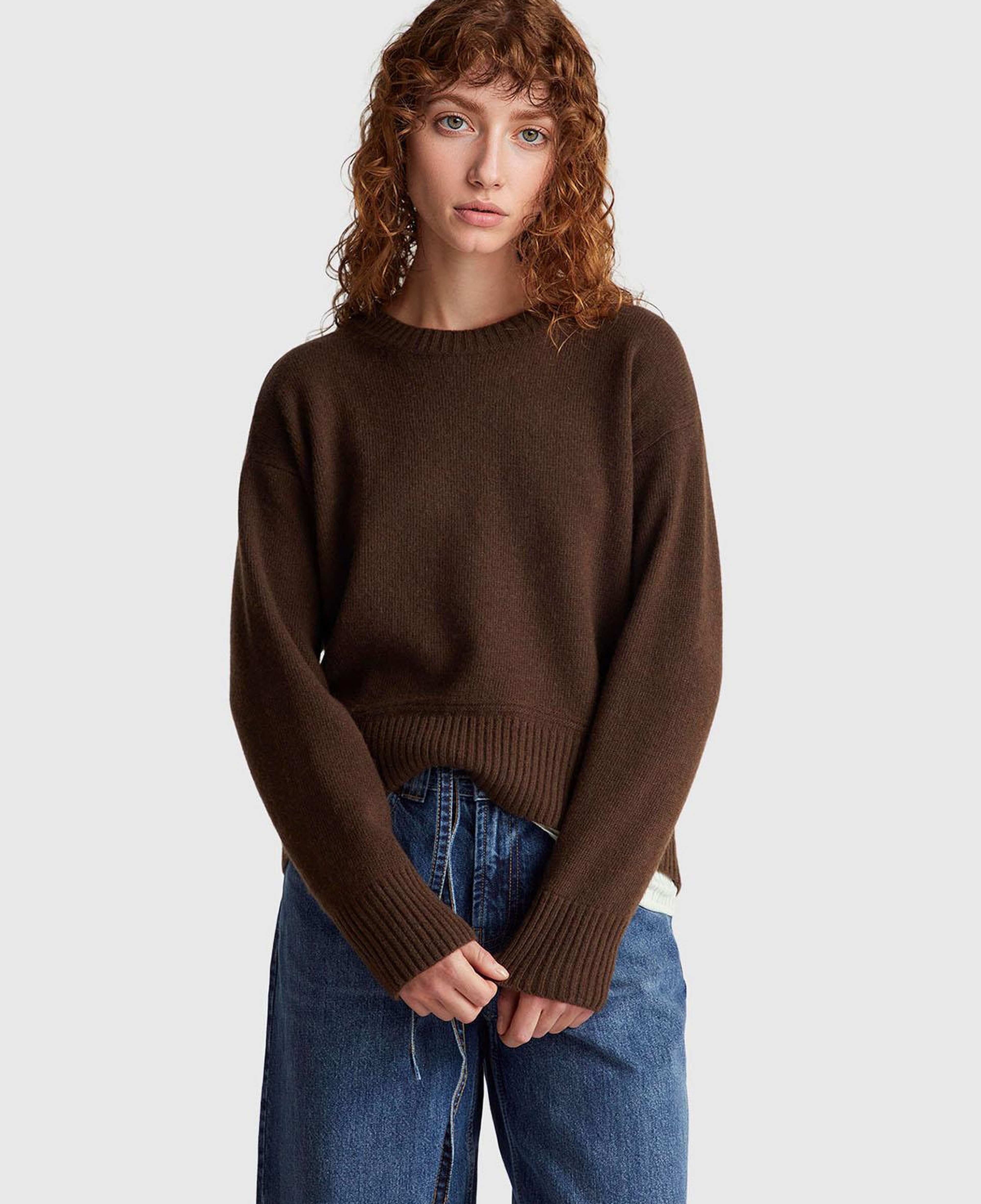 Kadın Koyu Kahverengi Yün Karışımlı Alt Kısmı Geniş Bisiklet Yaka Kazak