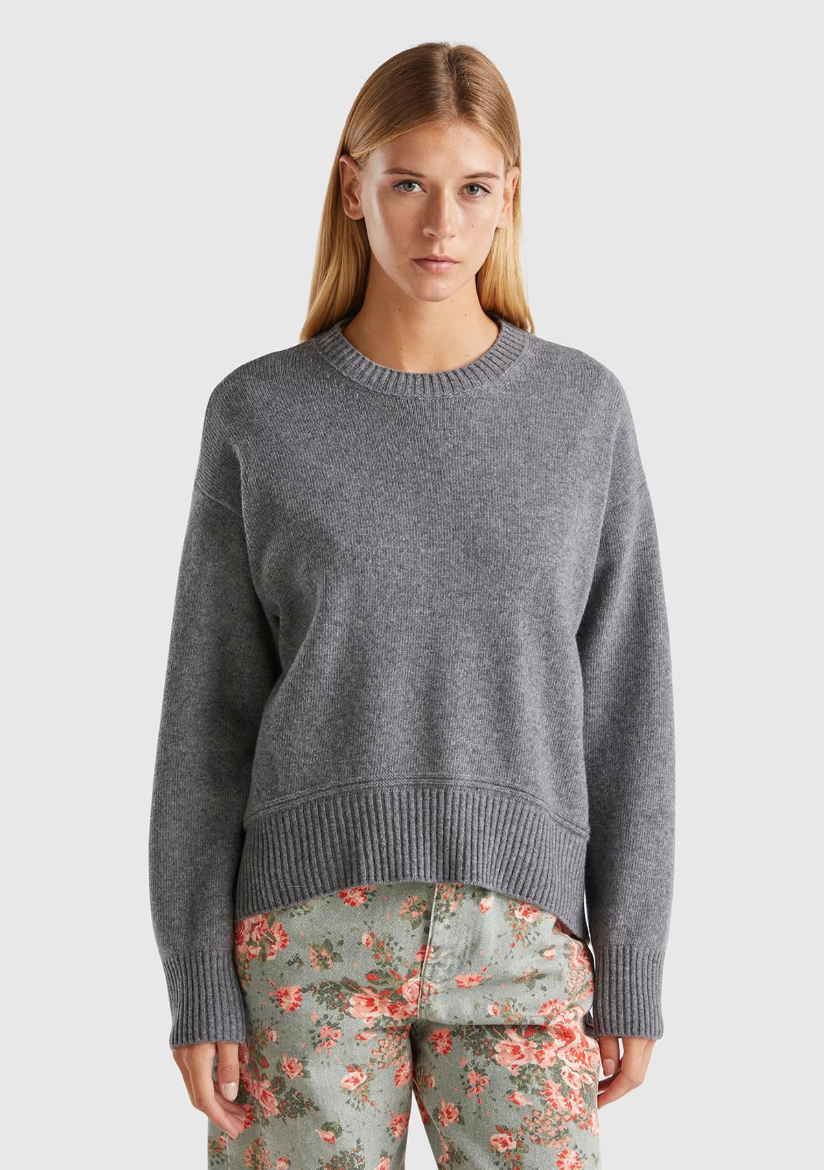 Kadın Antrasit Melanj Yün Karışımlı Alt Kısmı Geniş Bisiklet Yaka Kazak