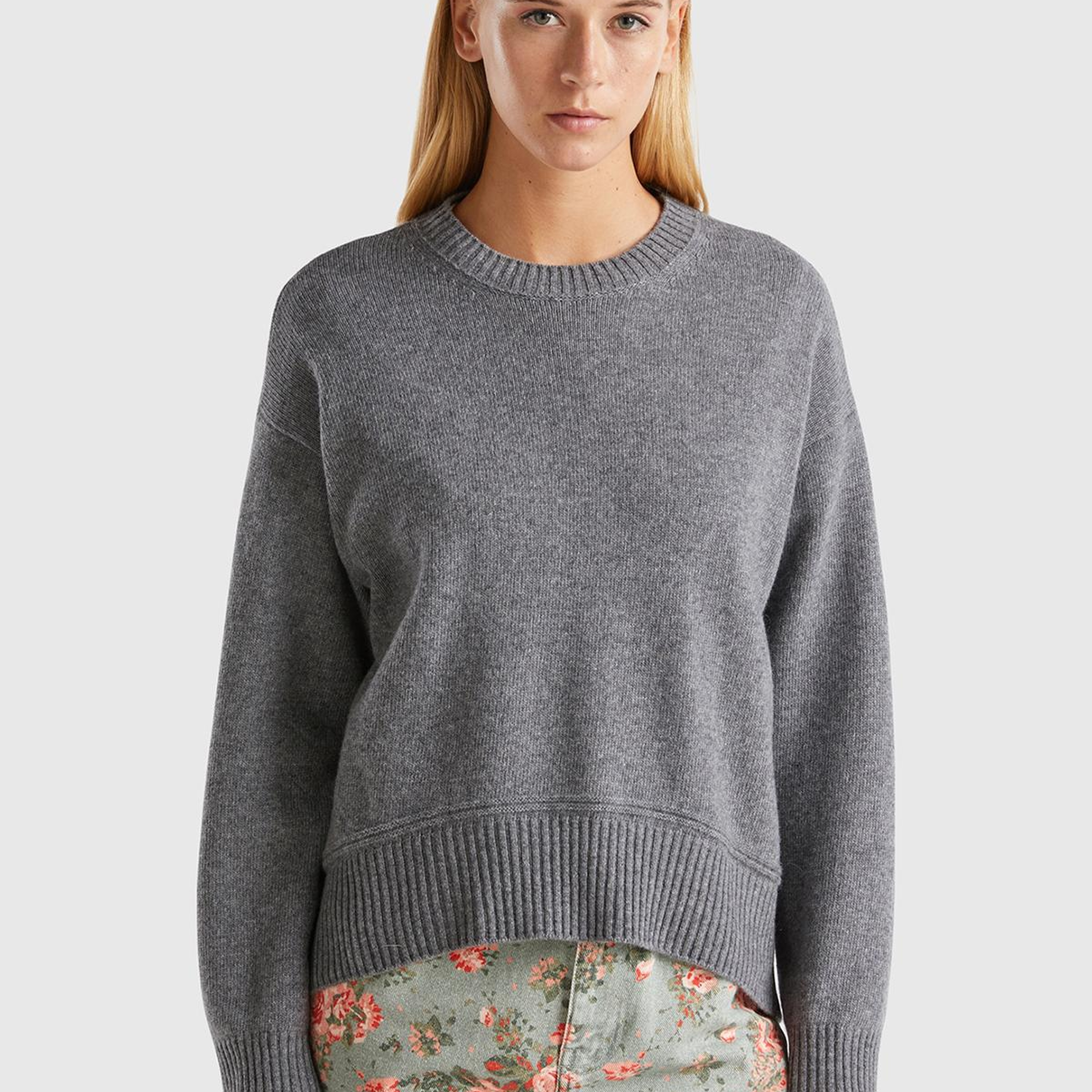 Kadın Antrasit Melanj Yün Karışımlı Alt Kısmı Geniş Bisiklet Yaka Kazak