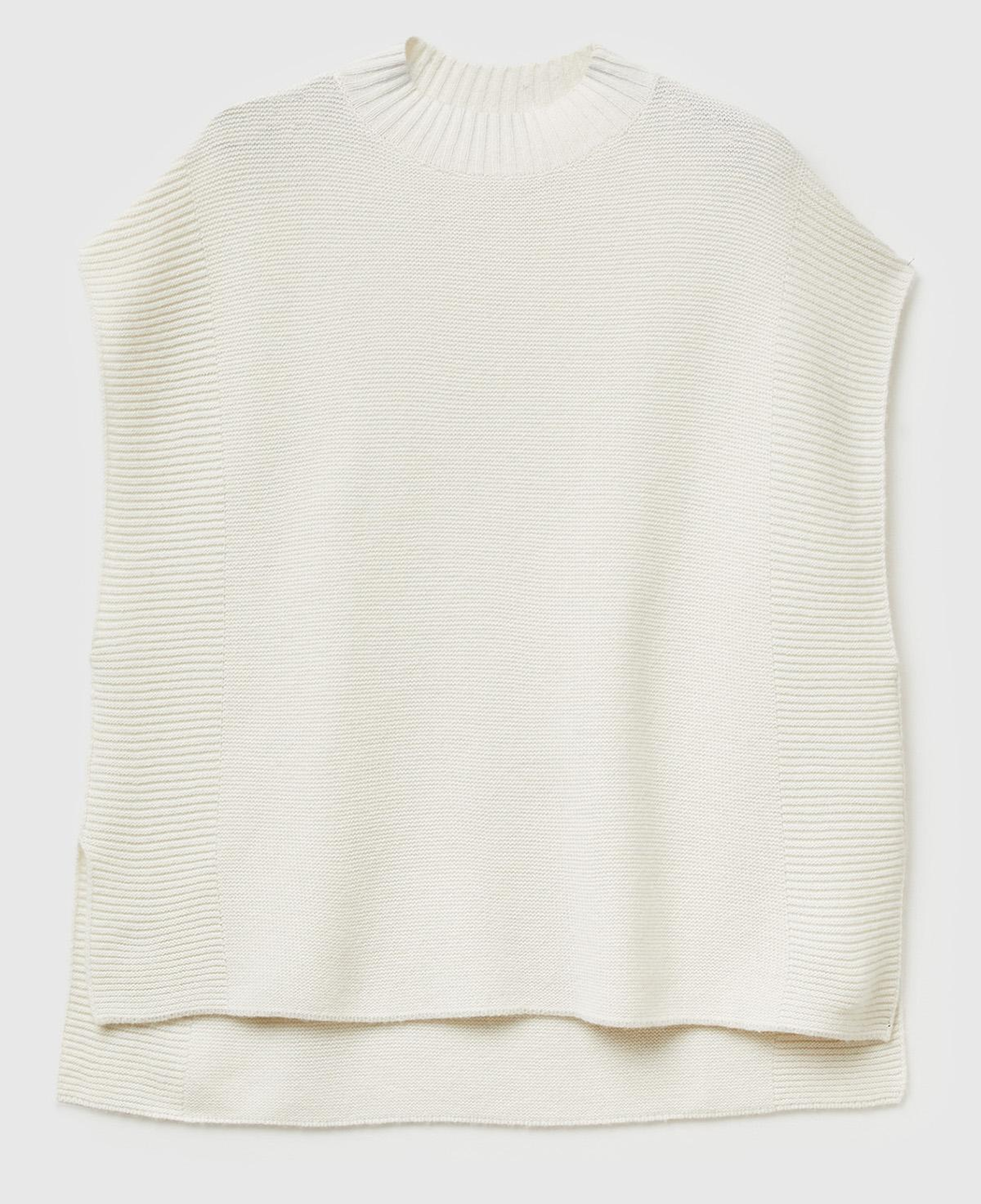 Kadın Krem Yün Karışımlı Ribana Detaylı Yırtmaçlı Kolsuz Kazak