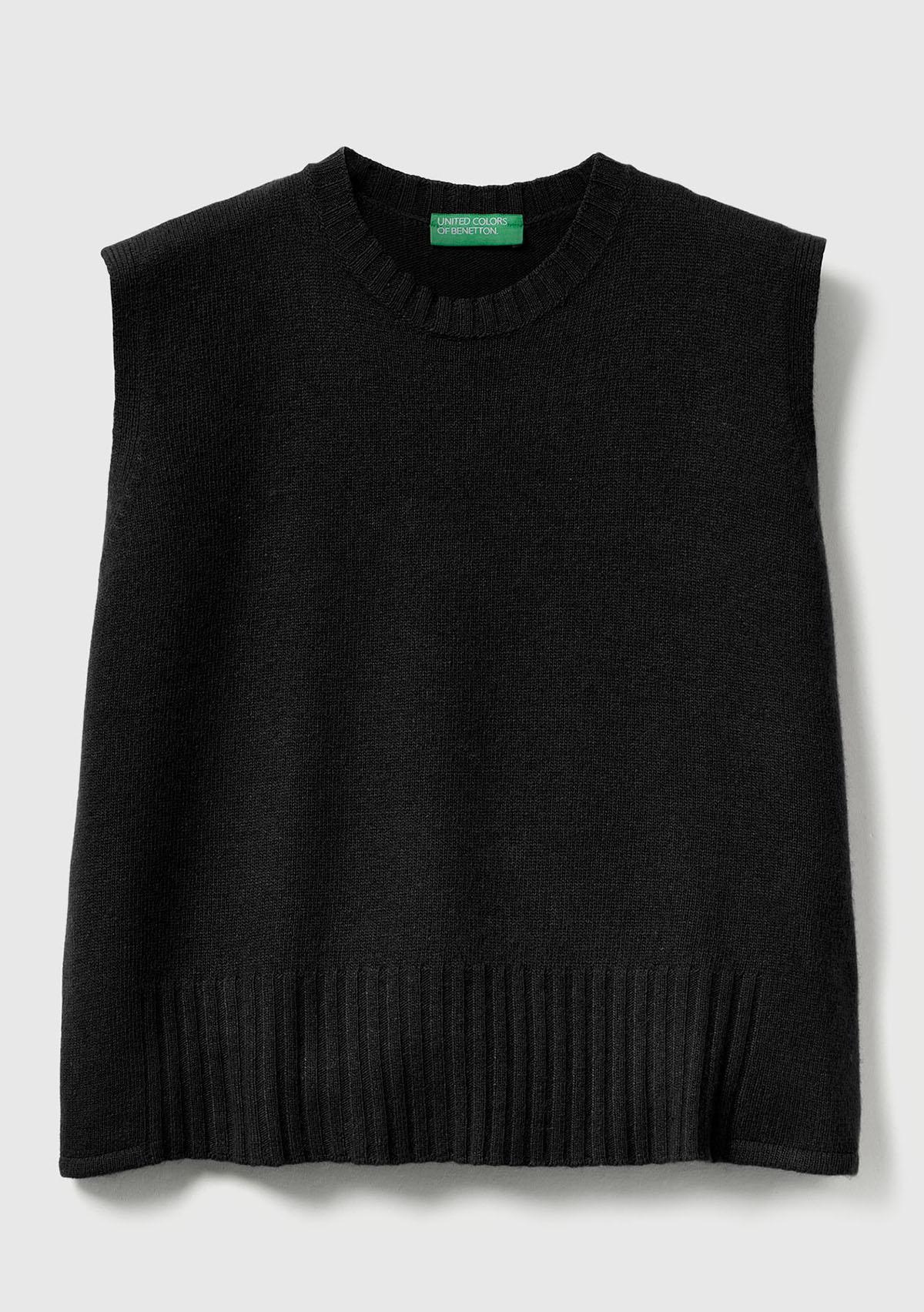 Kadın Sİyah Yün ve Viskoz Karışımlı Bisiklet Yaka Kolsuz Kazak