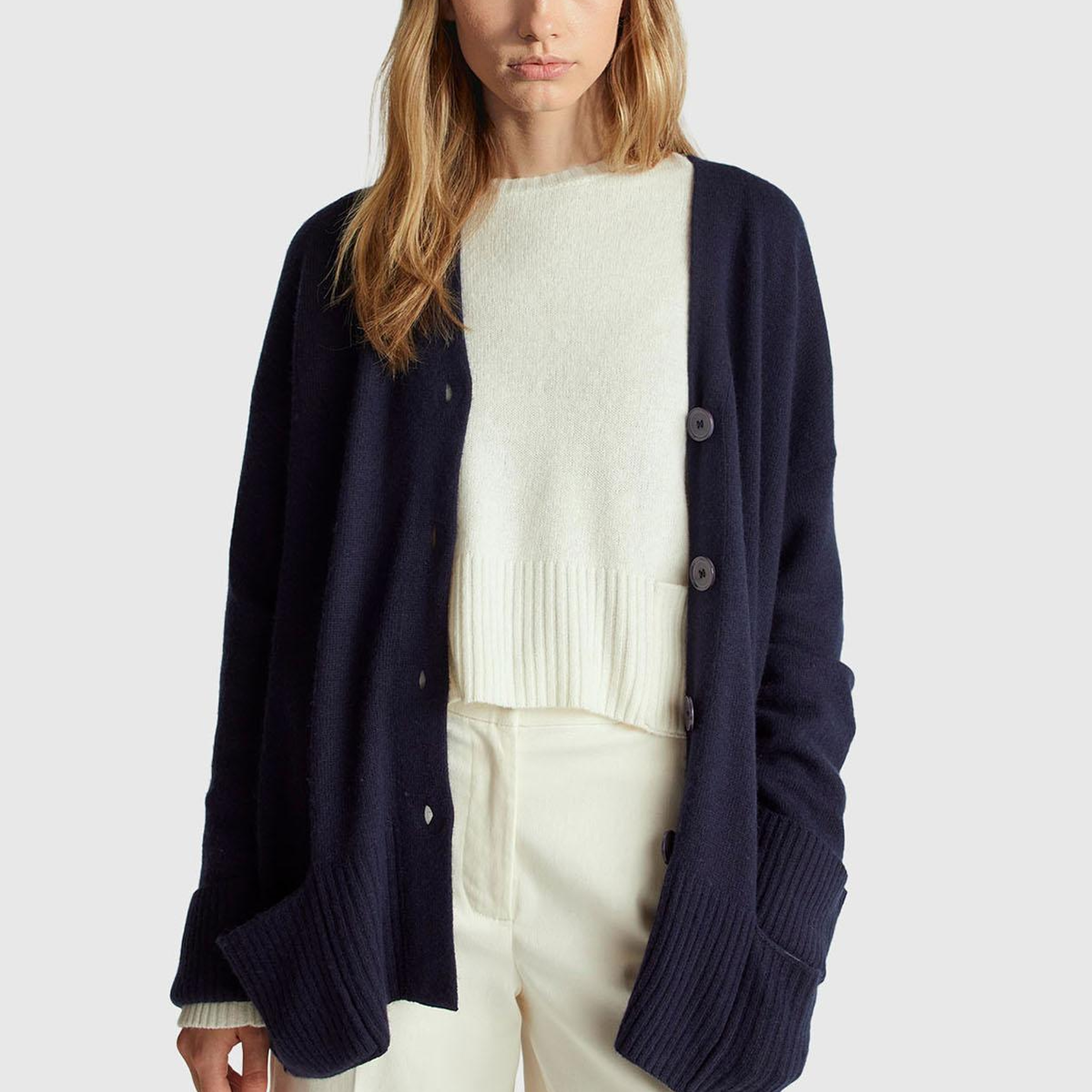 Kadın Lacivert Yün ve Viskoz Karışımlı Ribana Detaylı Düğmeli Hırka