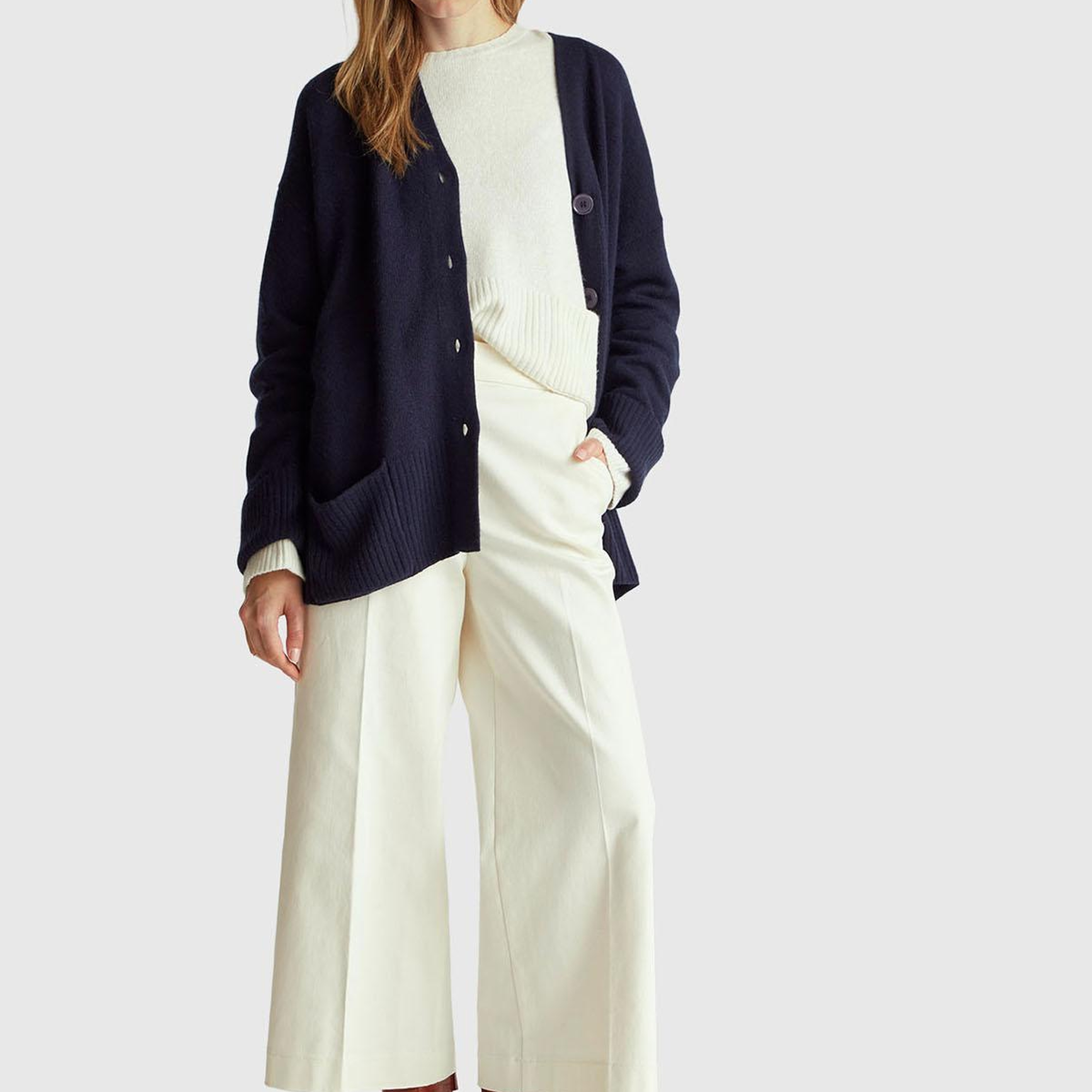 Kadın Lacivert Yün ve Viskoz Karışımlı Ribana Detaylı Düğmeli Hırka