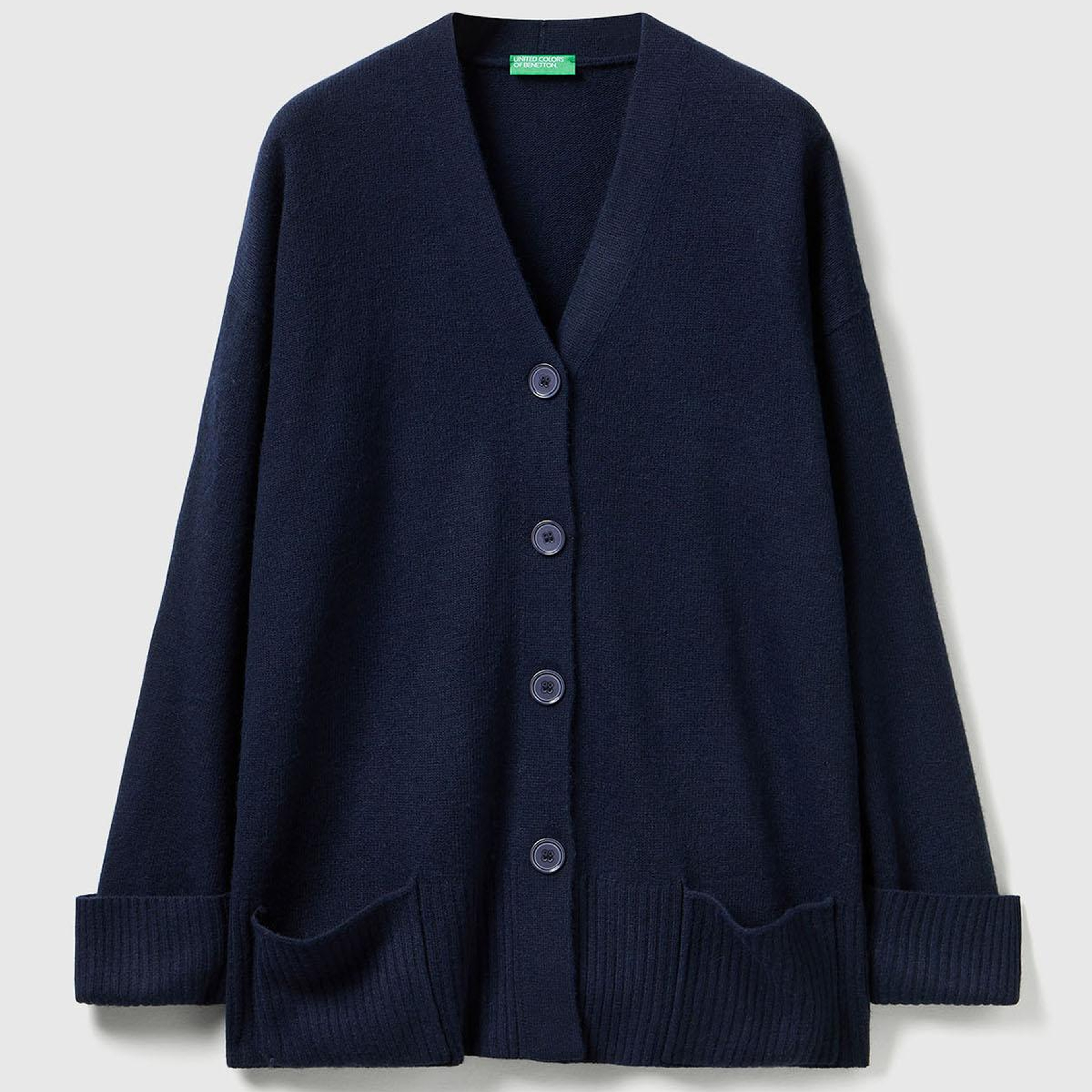 Kadın Lacivert Yün ve Viskoz Karışımlı Ribana Detaylı Düğmeli Hırka