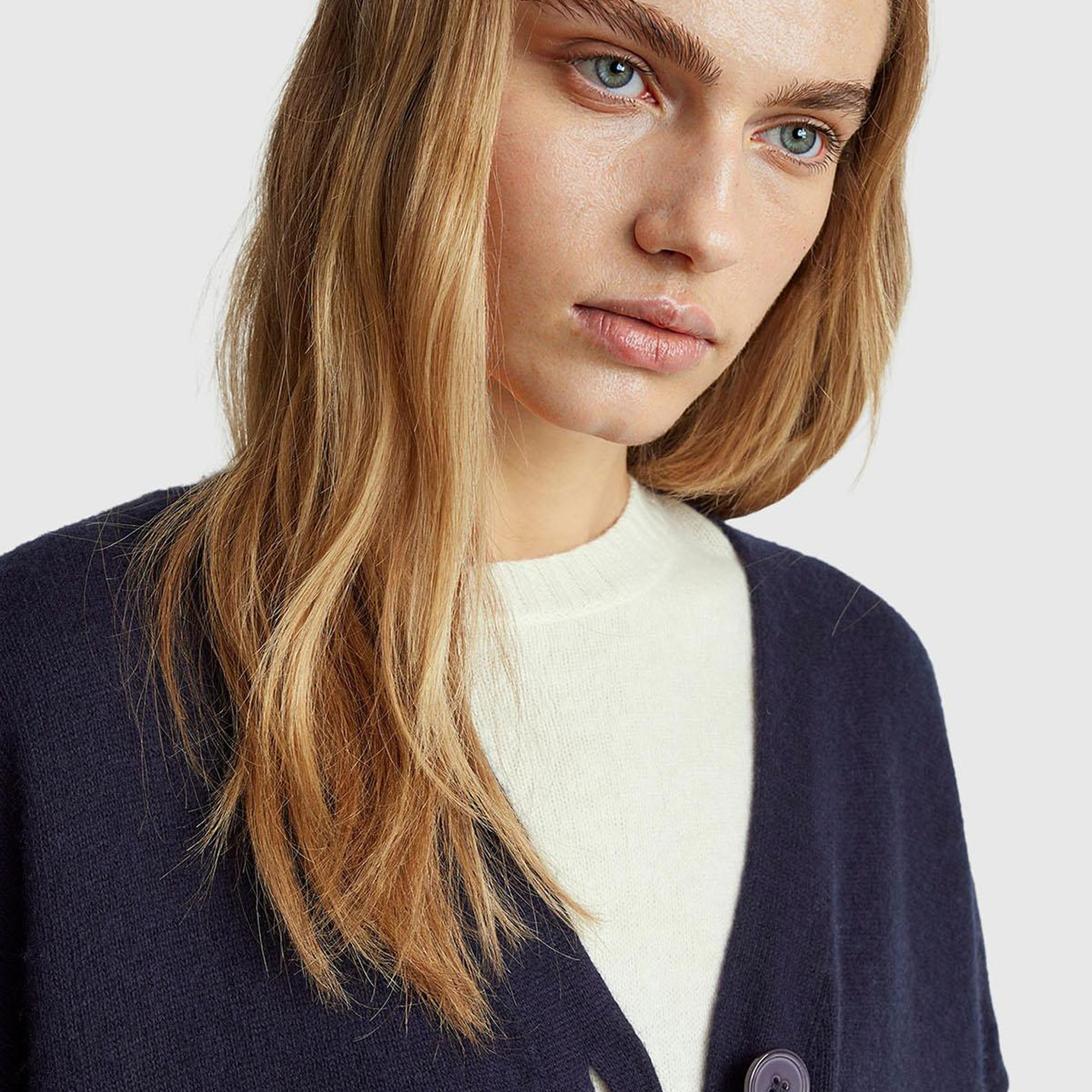 Kadın Lacivert Yün ve Viskoz Karışımlı Ribana Detaylı Düğmeli Hırka