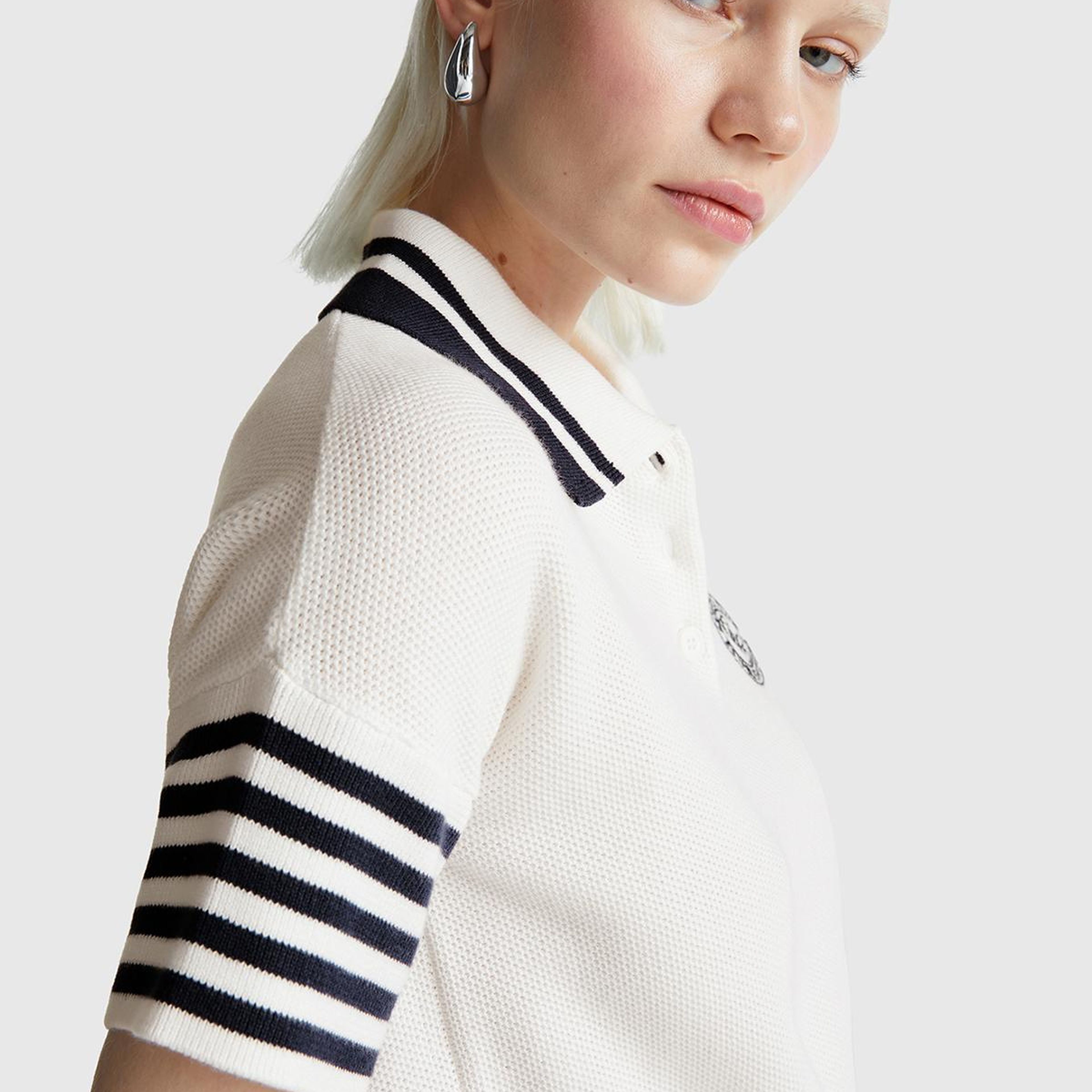 Kadın Krem %100 Pamuk Polo Yaka Kısa Kollu Kazak