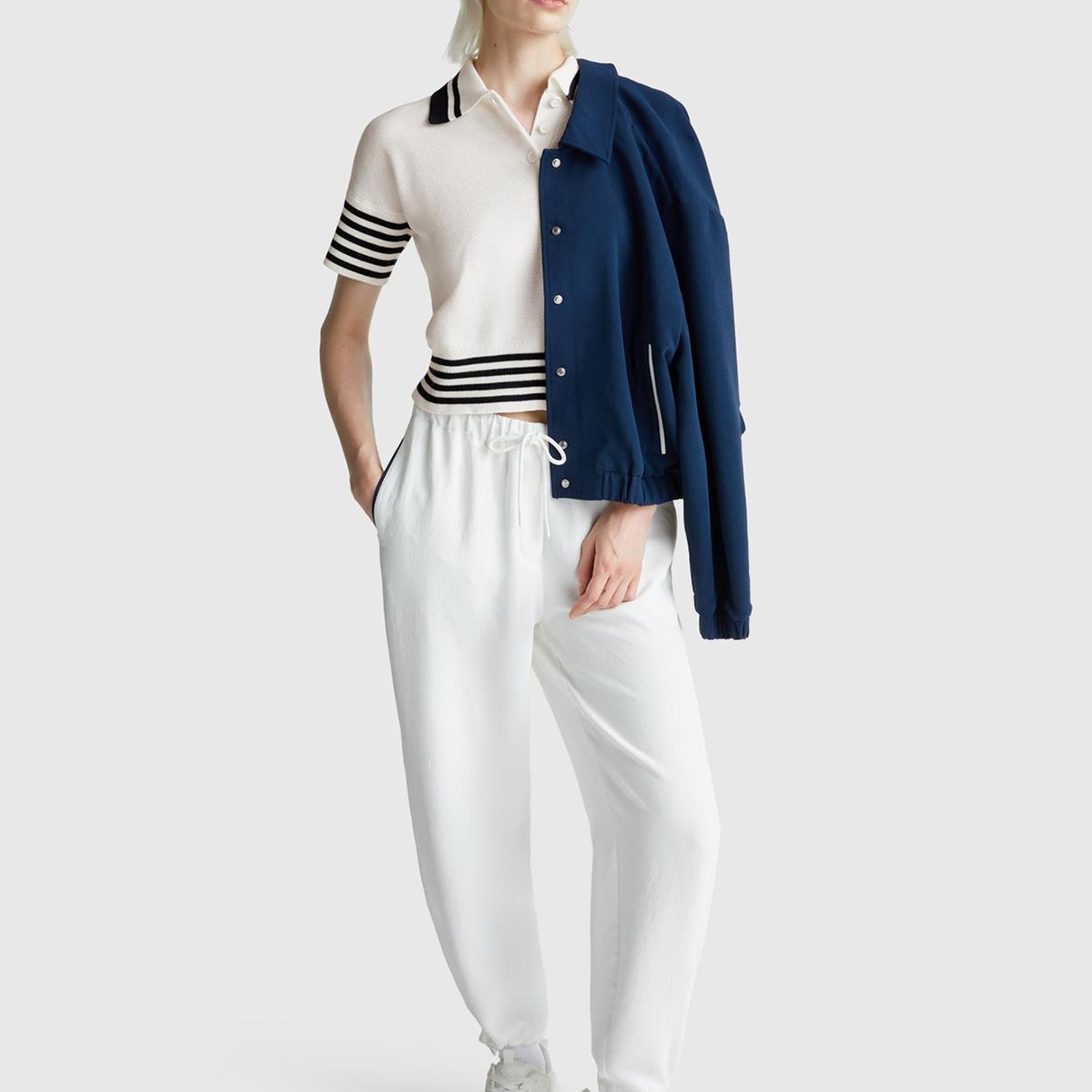 Kadın Krem %100 Pamuk Polo Yaka Kısa Kollu Kazak