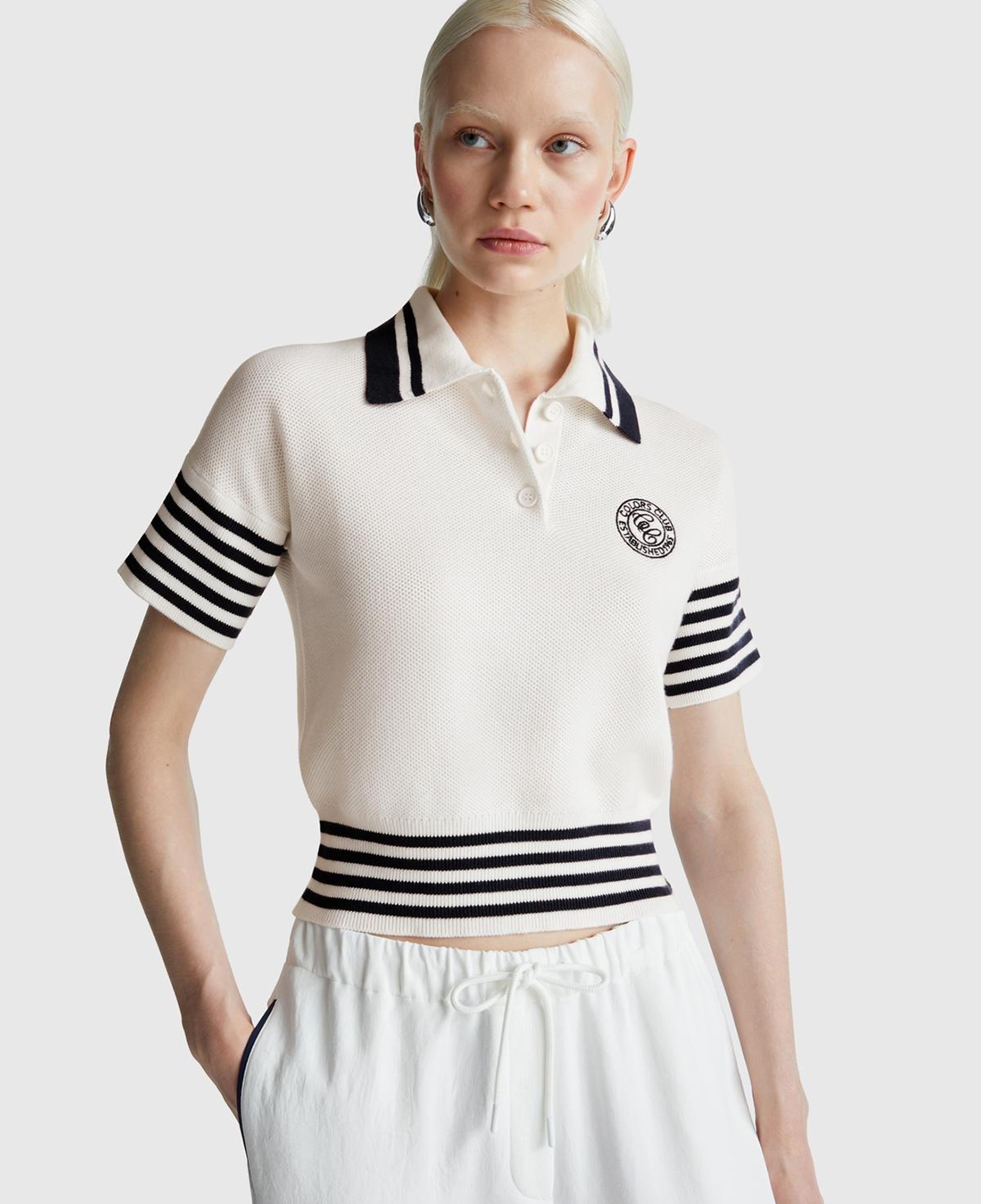 Kadın Krem %100 Pamuk Polo Yaka Kısa Kollu Kazak